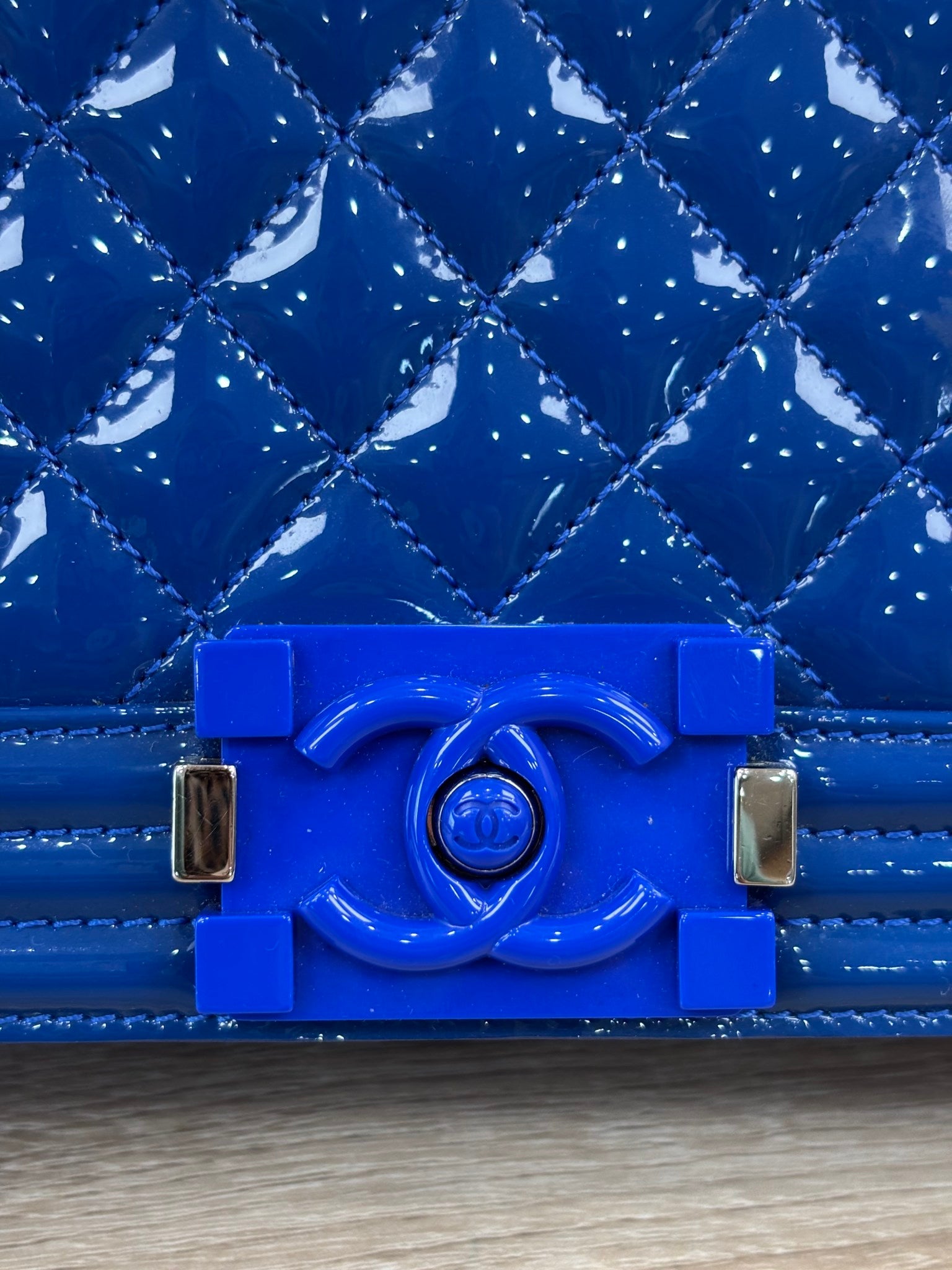 Chanel Blue Patent Leather Quilted Boy Bag