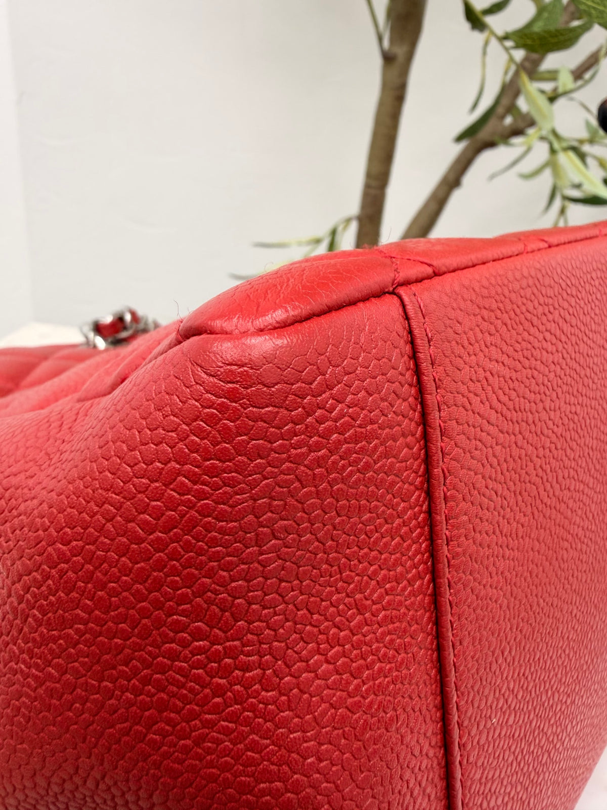 Chanel Red Chevron Quilted Caviar Leather GST Shopping Tote