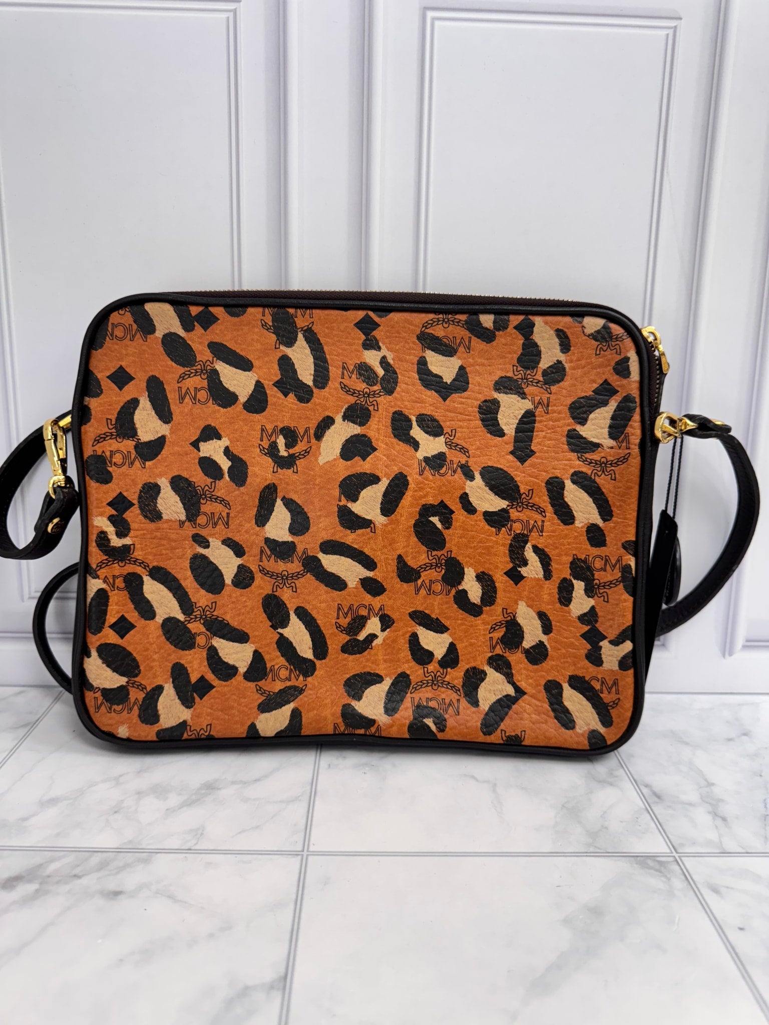 MCM Tan Leopard Print Visetos Coated Canvas Crossbody Bag