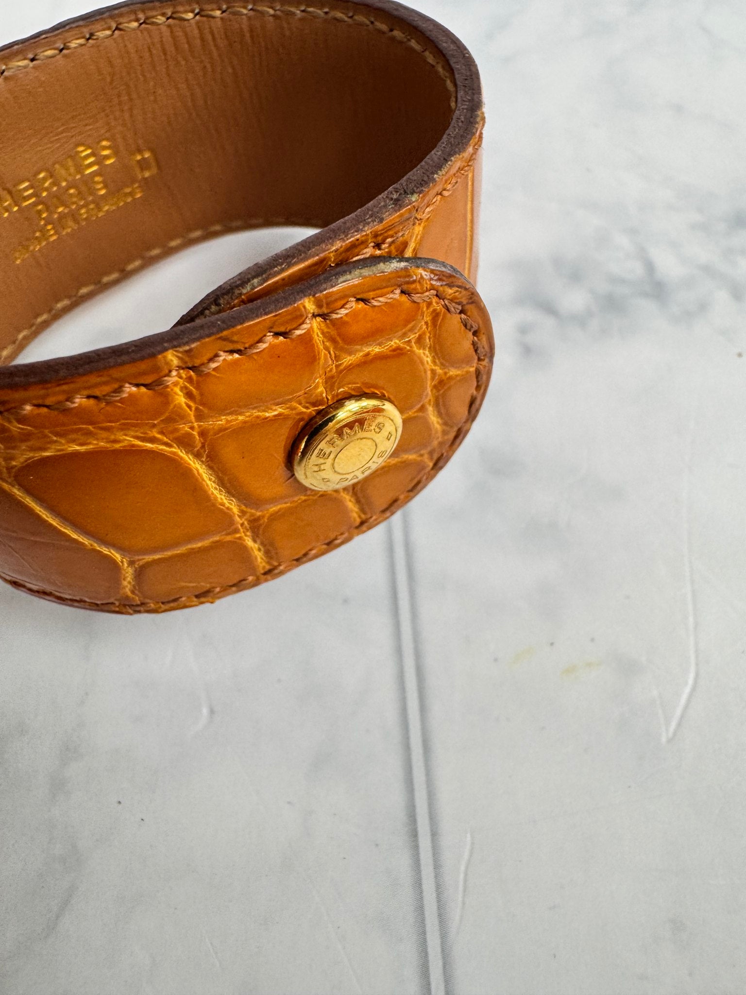 Hermès Orange Croc Embossed Leather Stud Bracelet