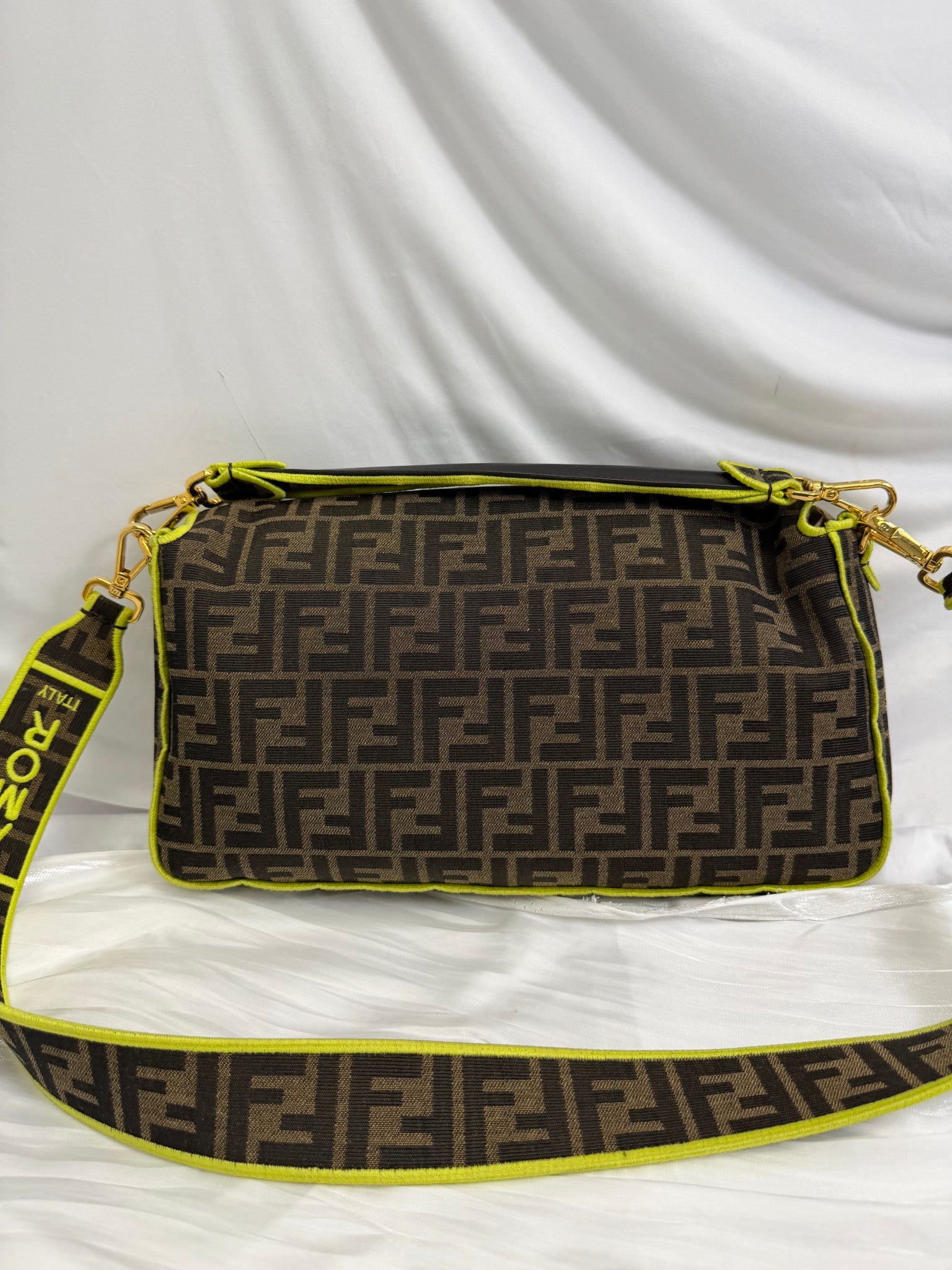 Fendi Brown & Green Zucca Large Baguette 2Way Bag