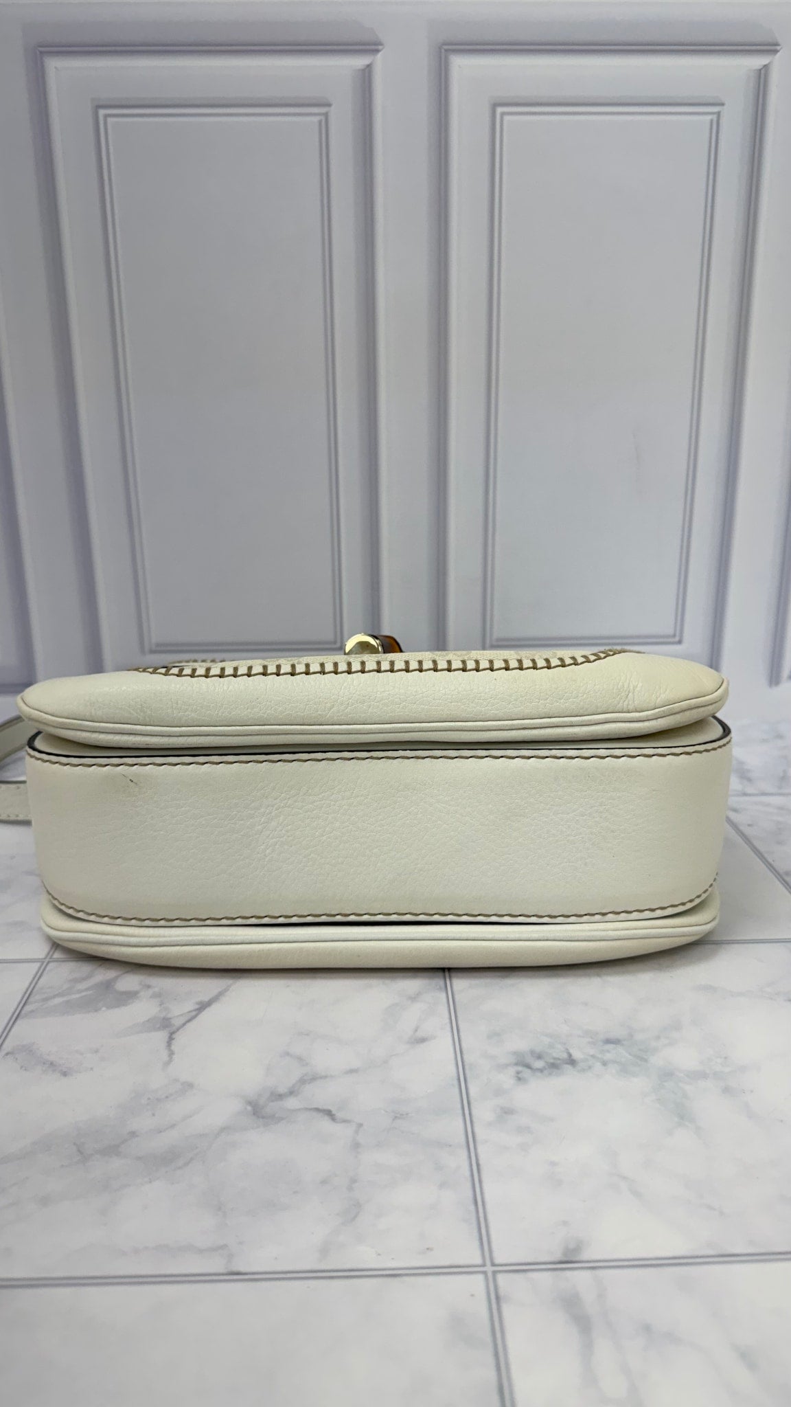 Gucci Cream Leather GG Canvas Bamboo 1947 Medium 2Way Bag