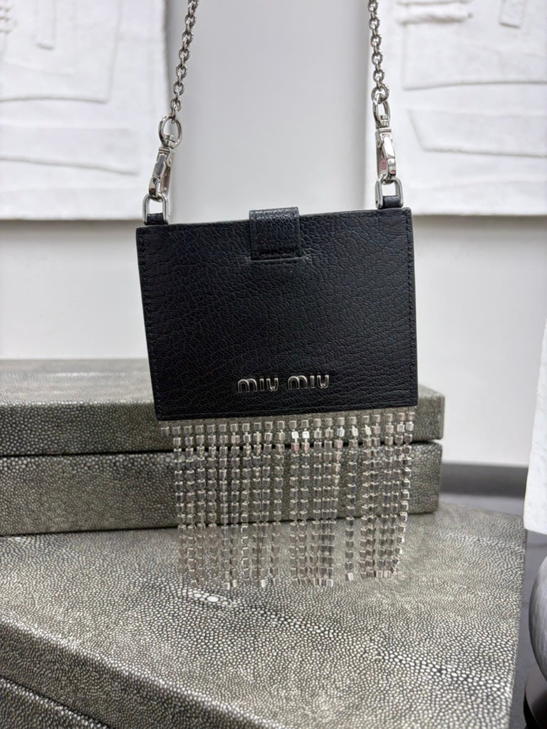 Miu Miu Black Leather Crystal Fringe Cardholder Crossbody