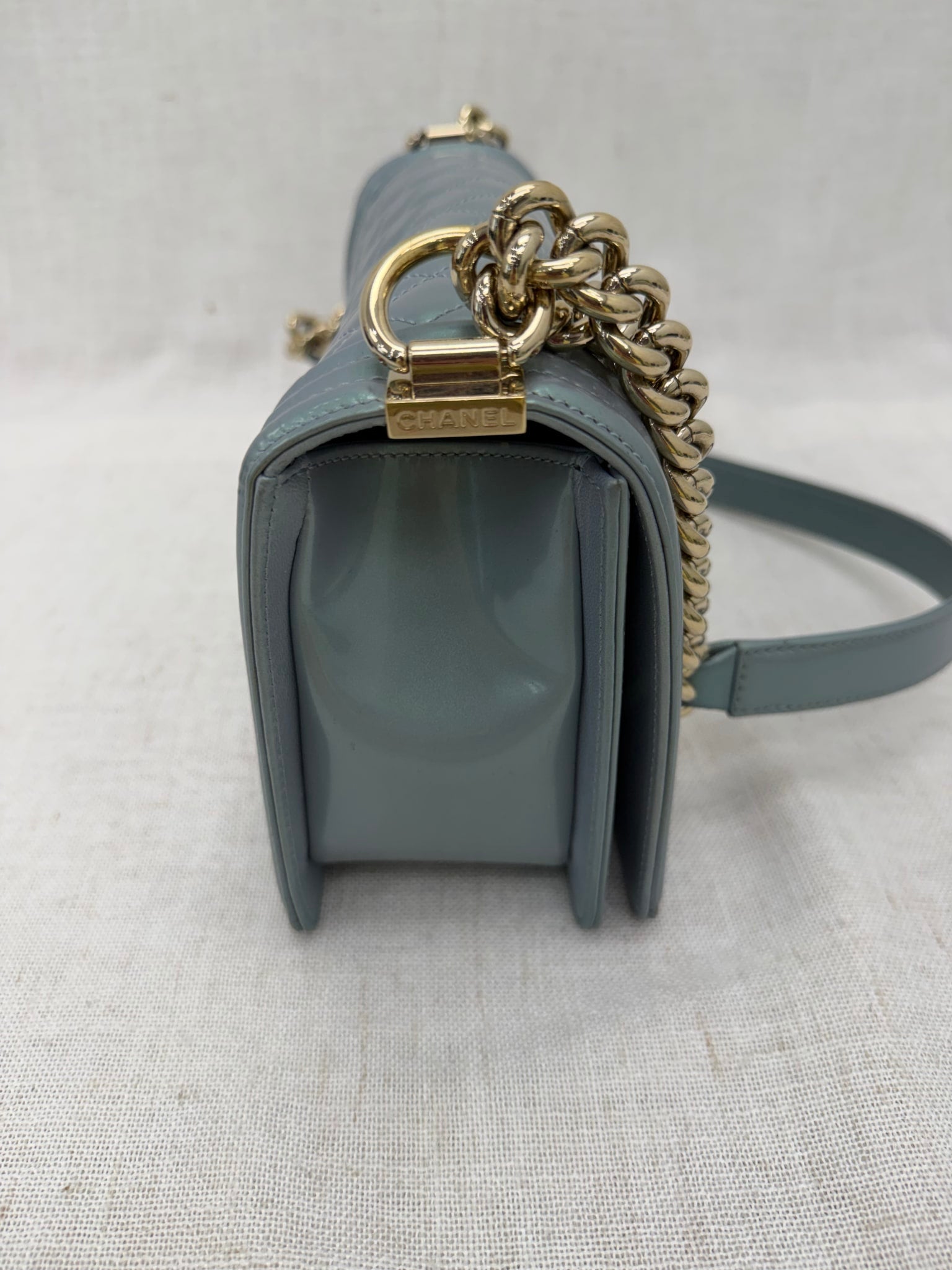 Chanel Blue Iridescent Quilted Patent Leather Medium Boy Bag