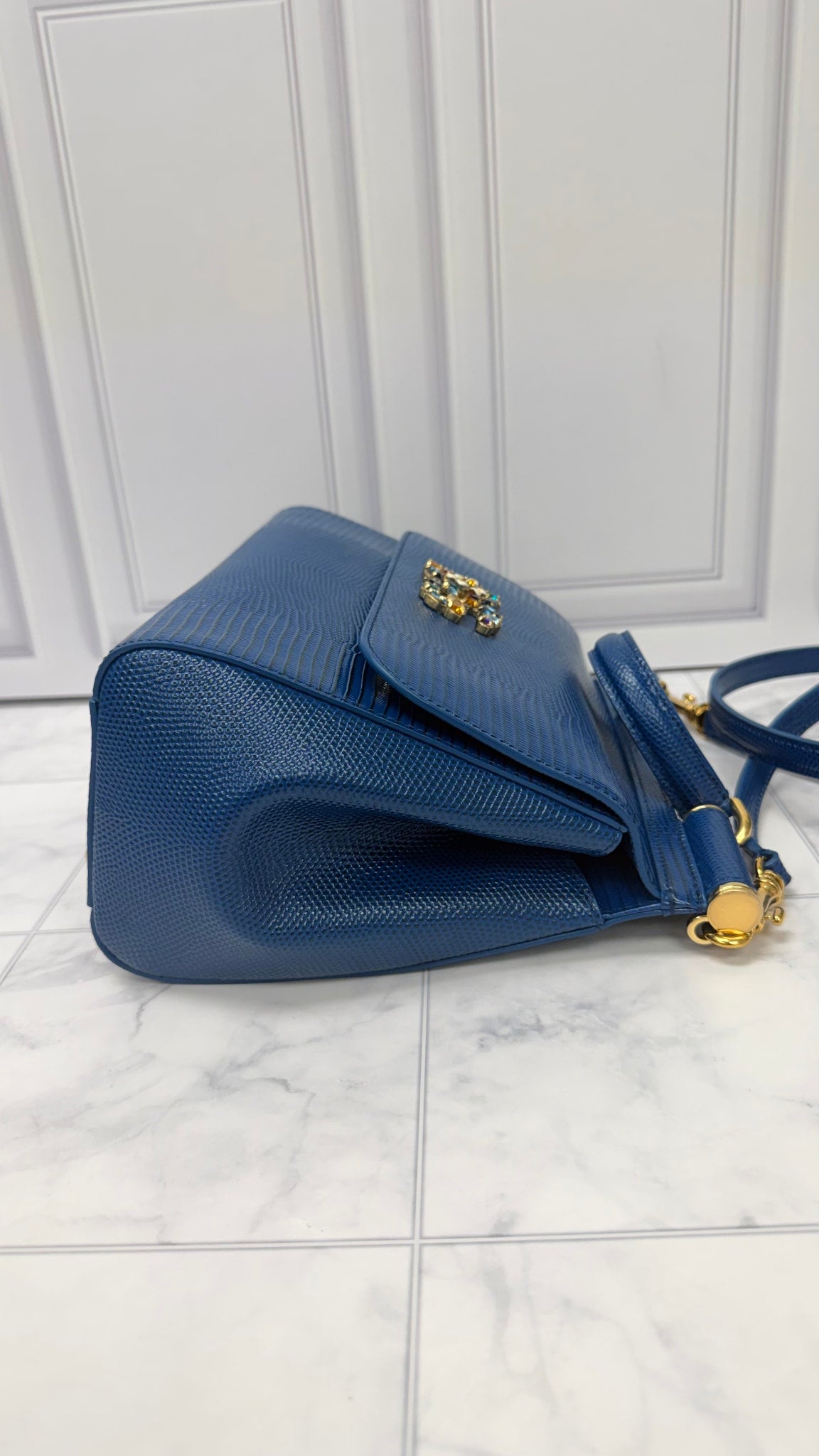 BRAND NEW - Dolce & Gabbana Blue Lizard Leather Sicily Top Handle Handbag