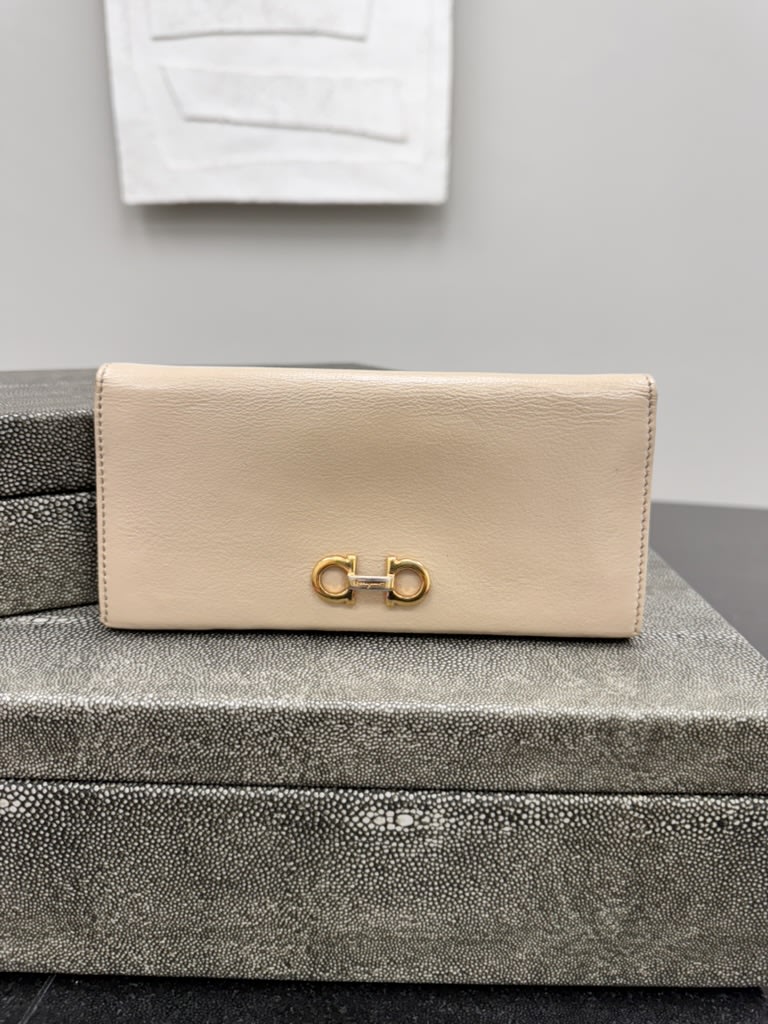 Salvatore Ferragamo Beige Grained Leather Long Wallet