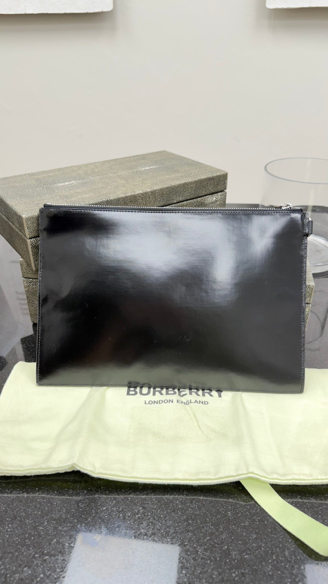 Burberry Black Leather New Logo Print Wristlet