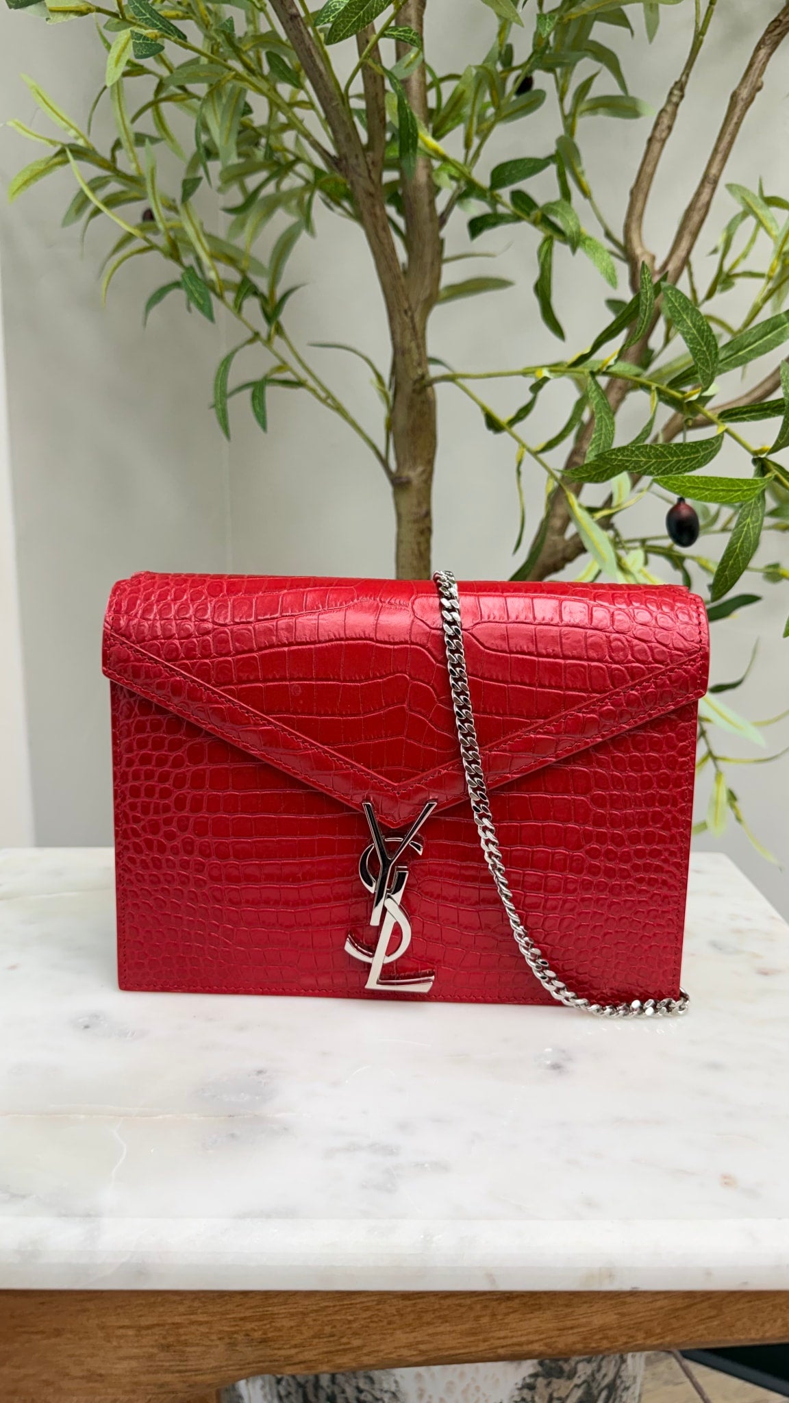Saint Laurent YSL Red Croc Embossed Leather Cassandra Chain Bag