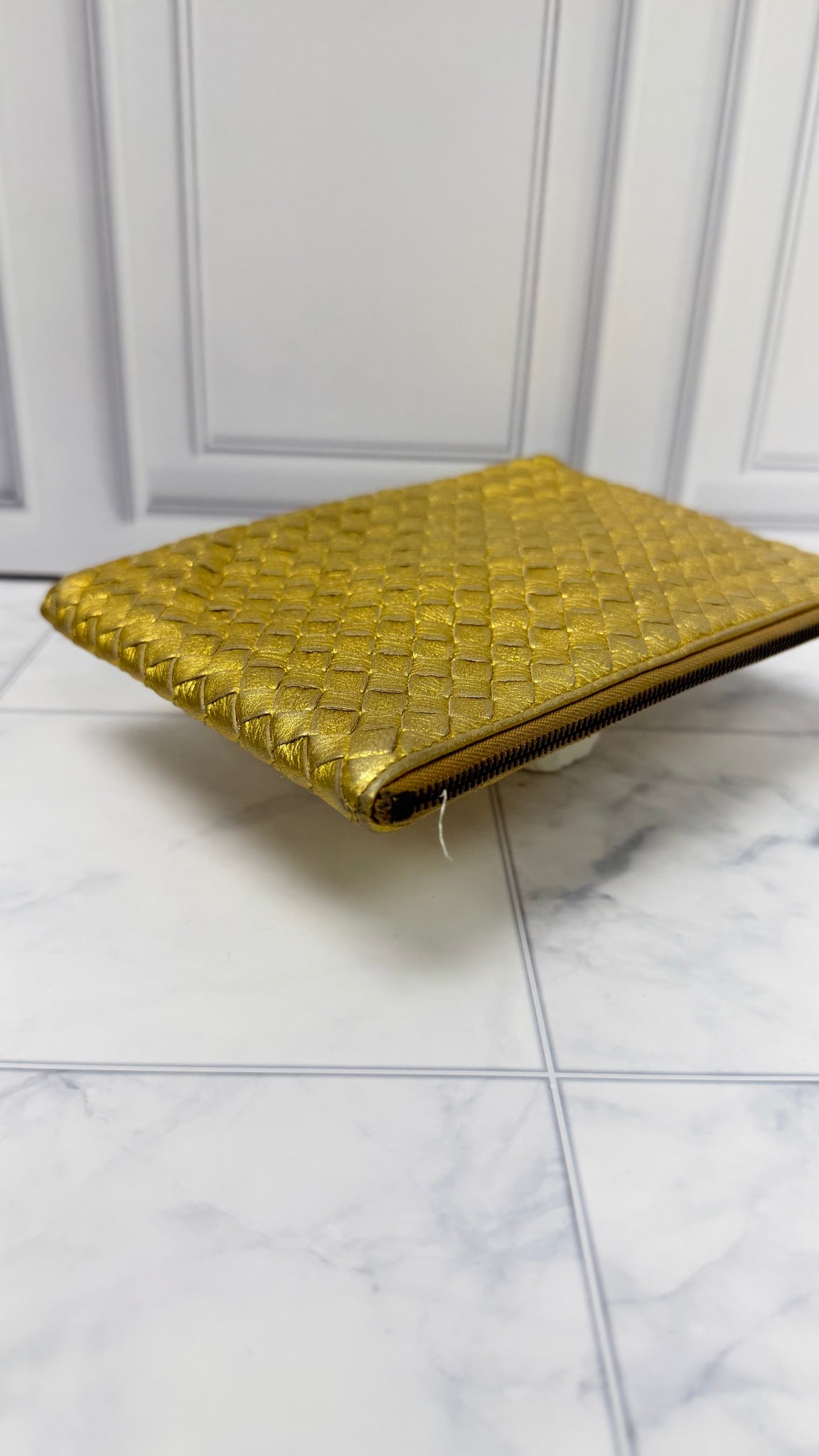 Bottega Veneta Gold Intrecciato Leather Clutch