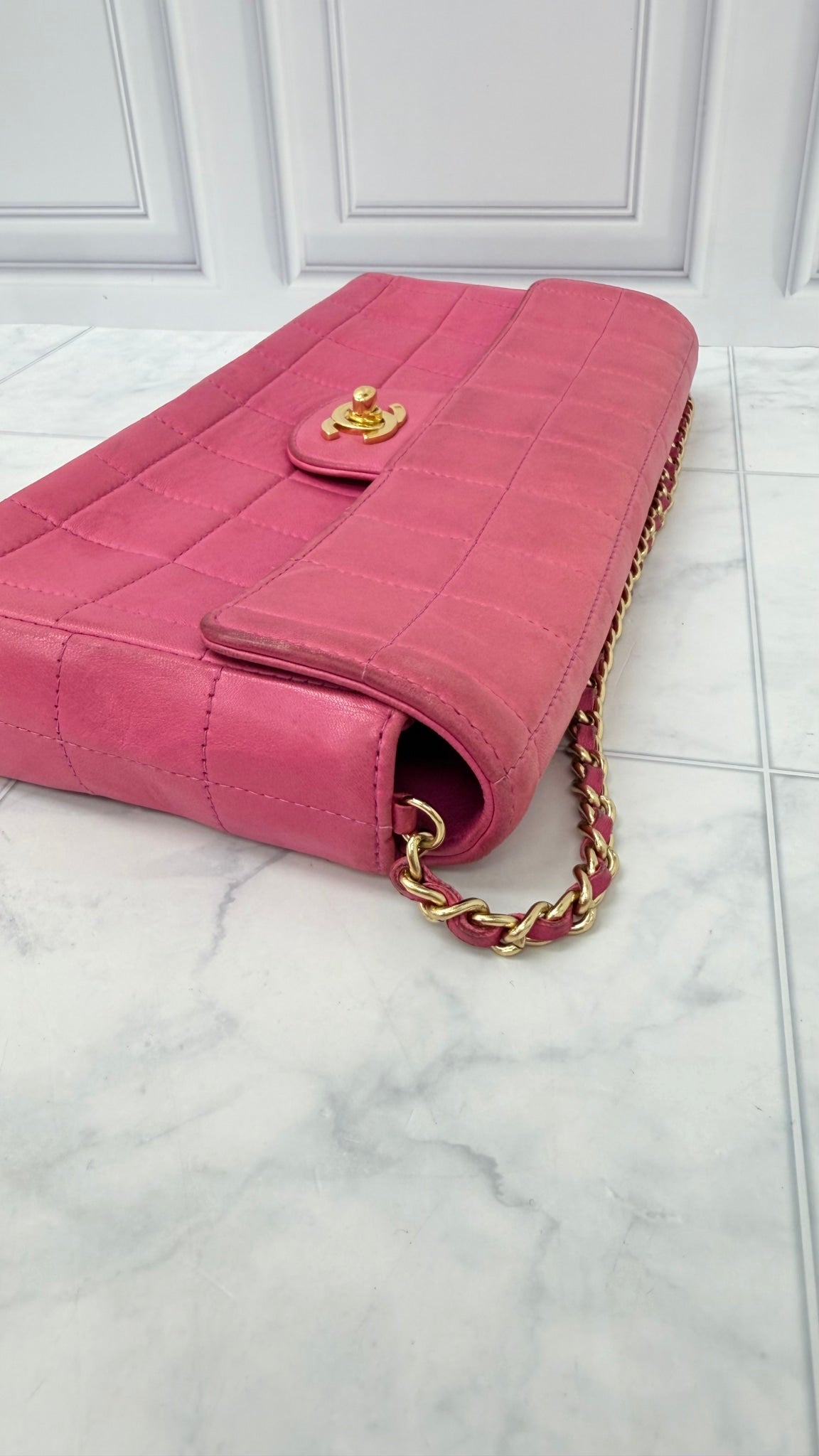 Chanel Hot Pink Lambskin Leather Chocolate Bar East West Flap Shoulder Bag
