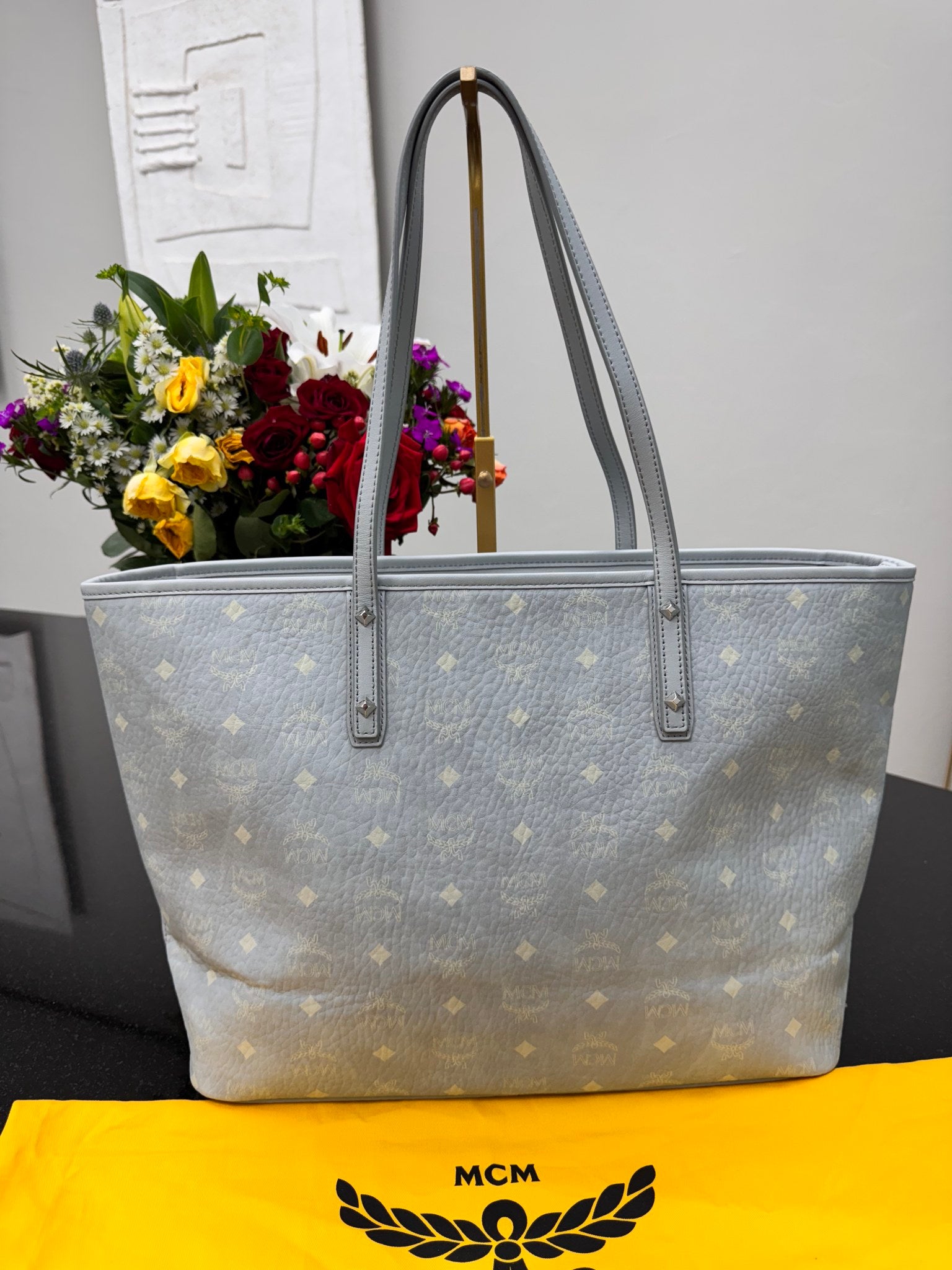 MCM Light Gray Visetos Monogram Shopper Tote Bag