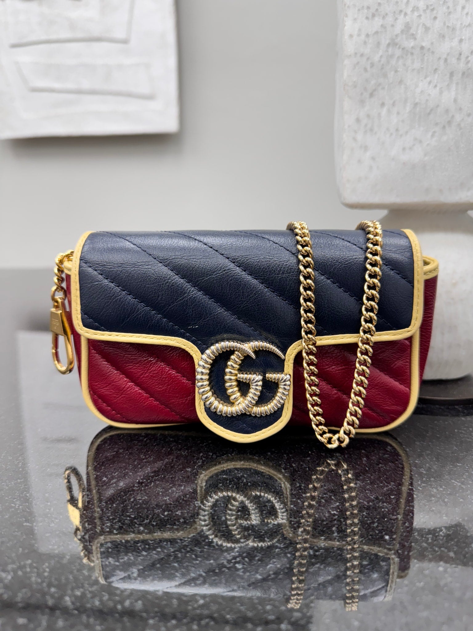 Gucci Red And Navy Quilted GG Marmont Torchon Super Mini Crossbody Bag