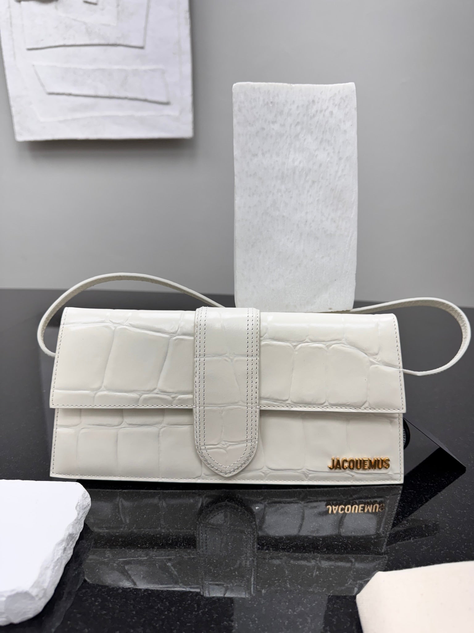 LIKE NEW - Jacquemus White Croc Embossed Leather Le Bambino Long Shoulder Bag