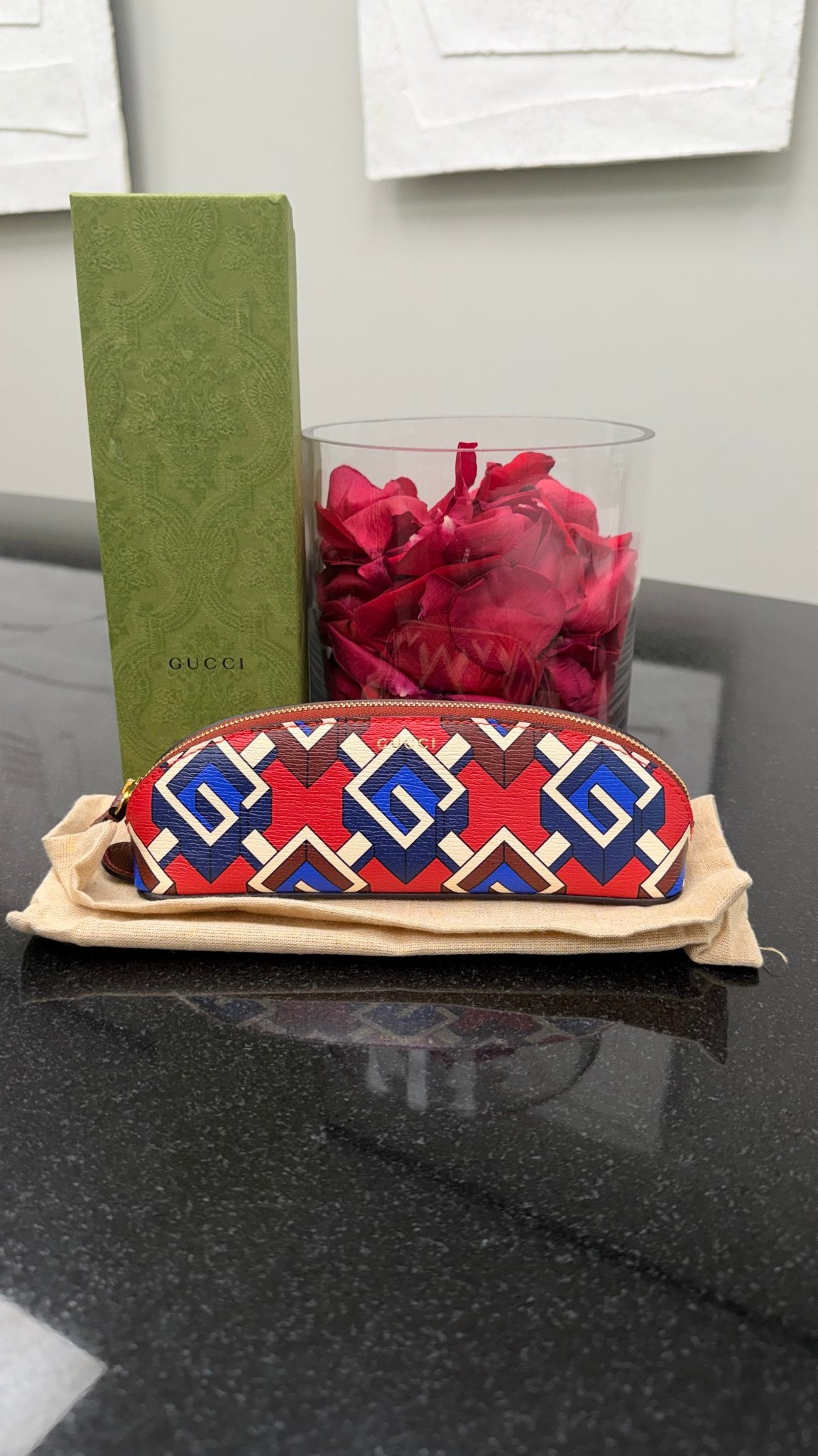 BRAND NEW- Gucci Red & Blue Geometric Print Pencil Case