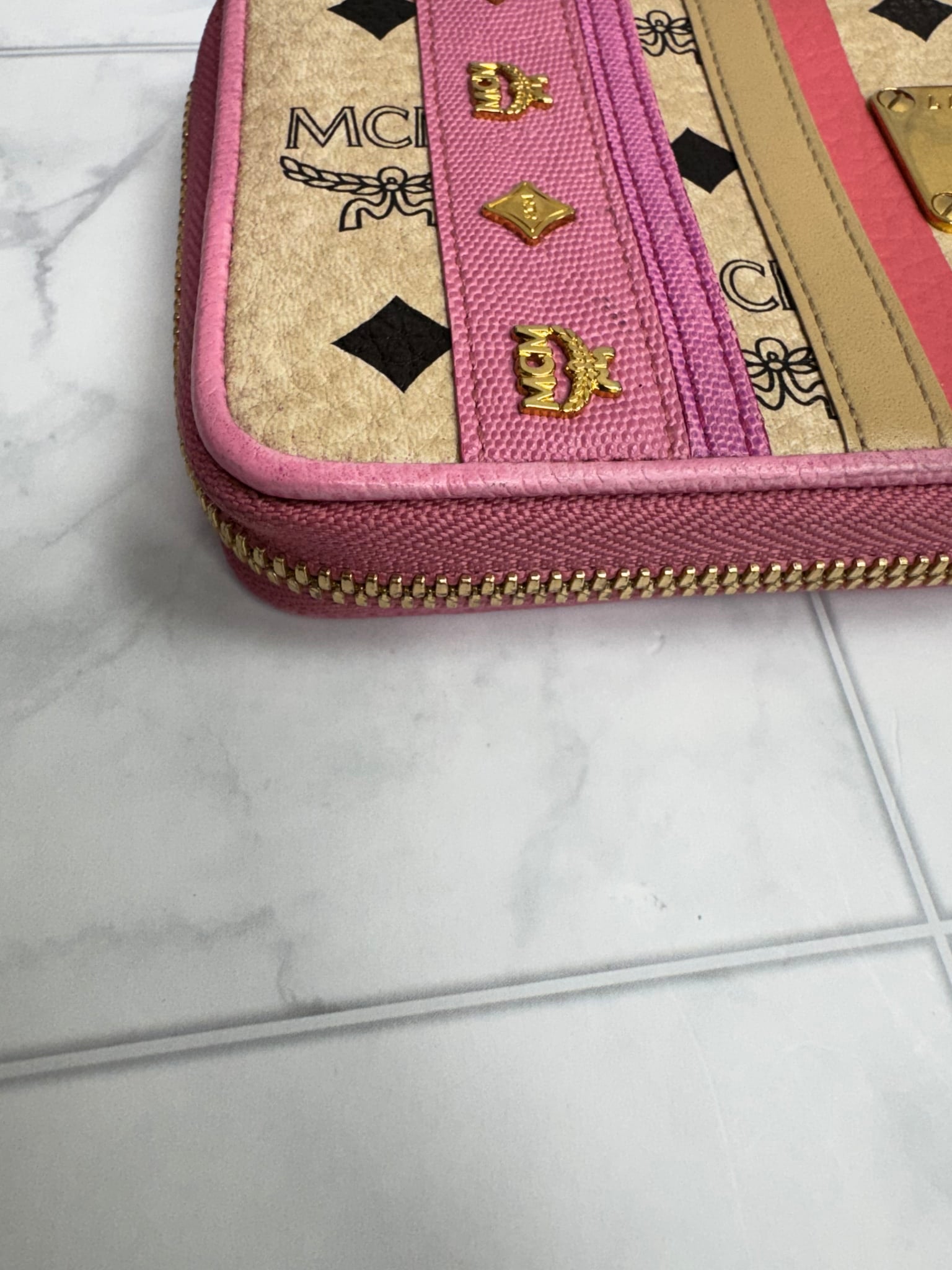 MCM Pink Coated Canvas Stripe Long Zippy Wallet