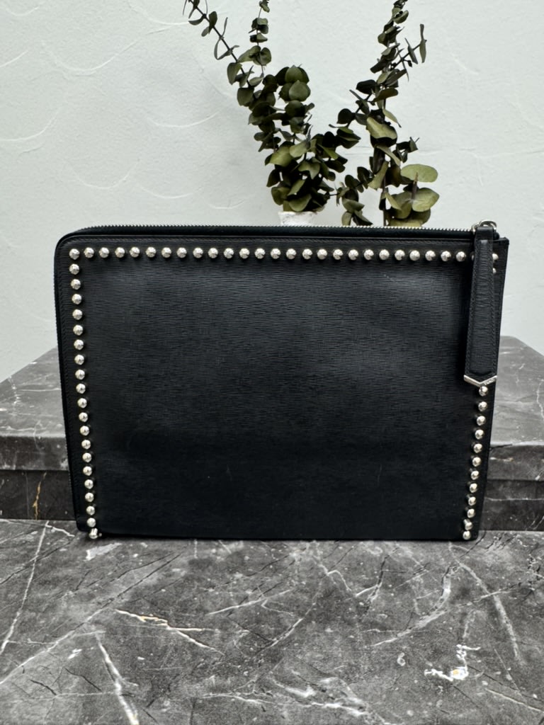 Fendi Black Leather Studded Flat Karlito Clutch Bag