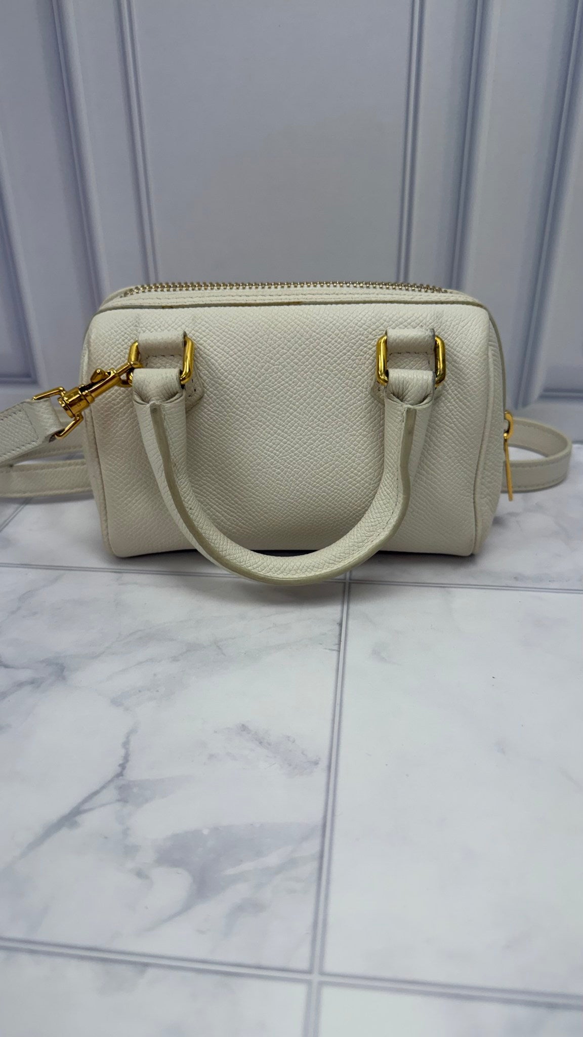Celine White Grained Calfskin Mini Boston Bag