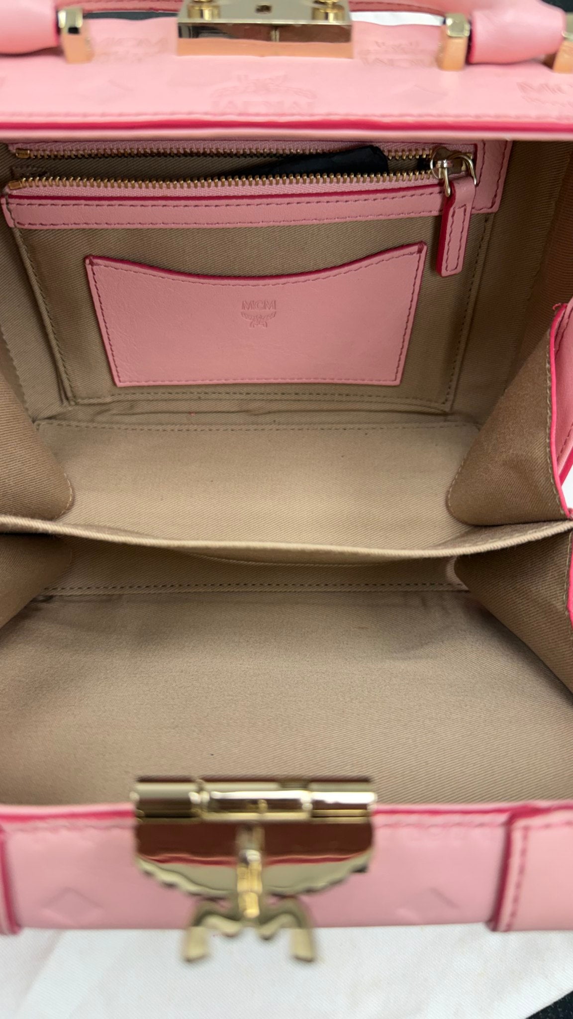 MCM Light Pink Embossed Visetos Leather Soft Berlin Box Trunk Crossbody