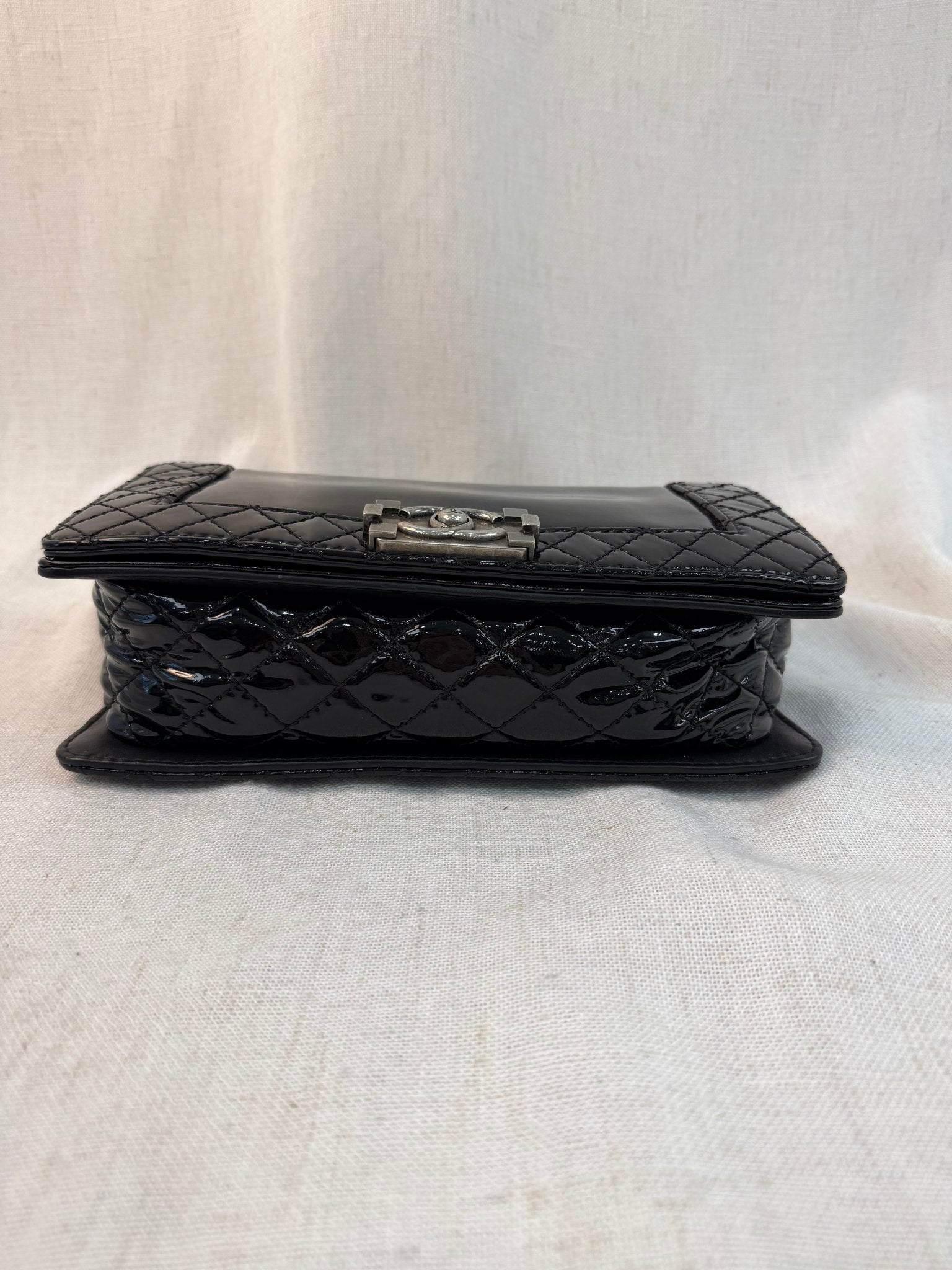 Chanel Black Patent Leather Medium Boy Bag