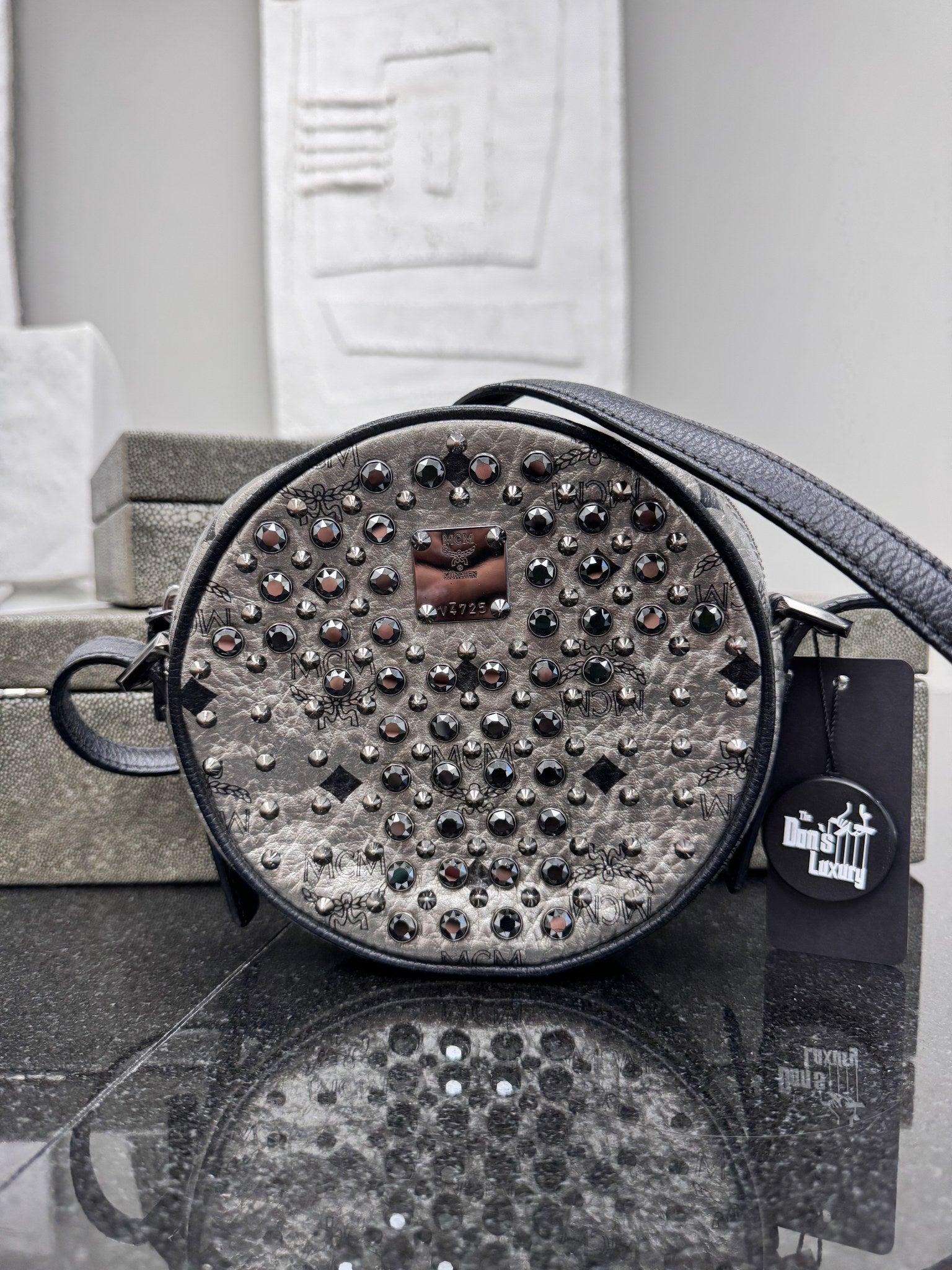 MCM Metallic Silver Visetos Leather Studded Round Crossbody Bag