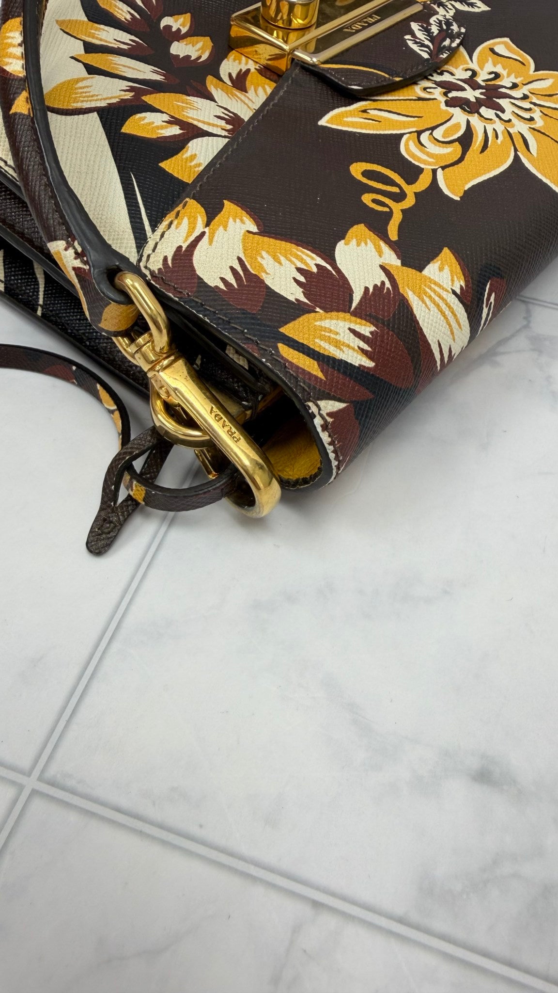 Prada Brown & Yellow Printed Floral Saffiano Leather Shoulder Bag