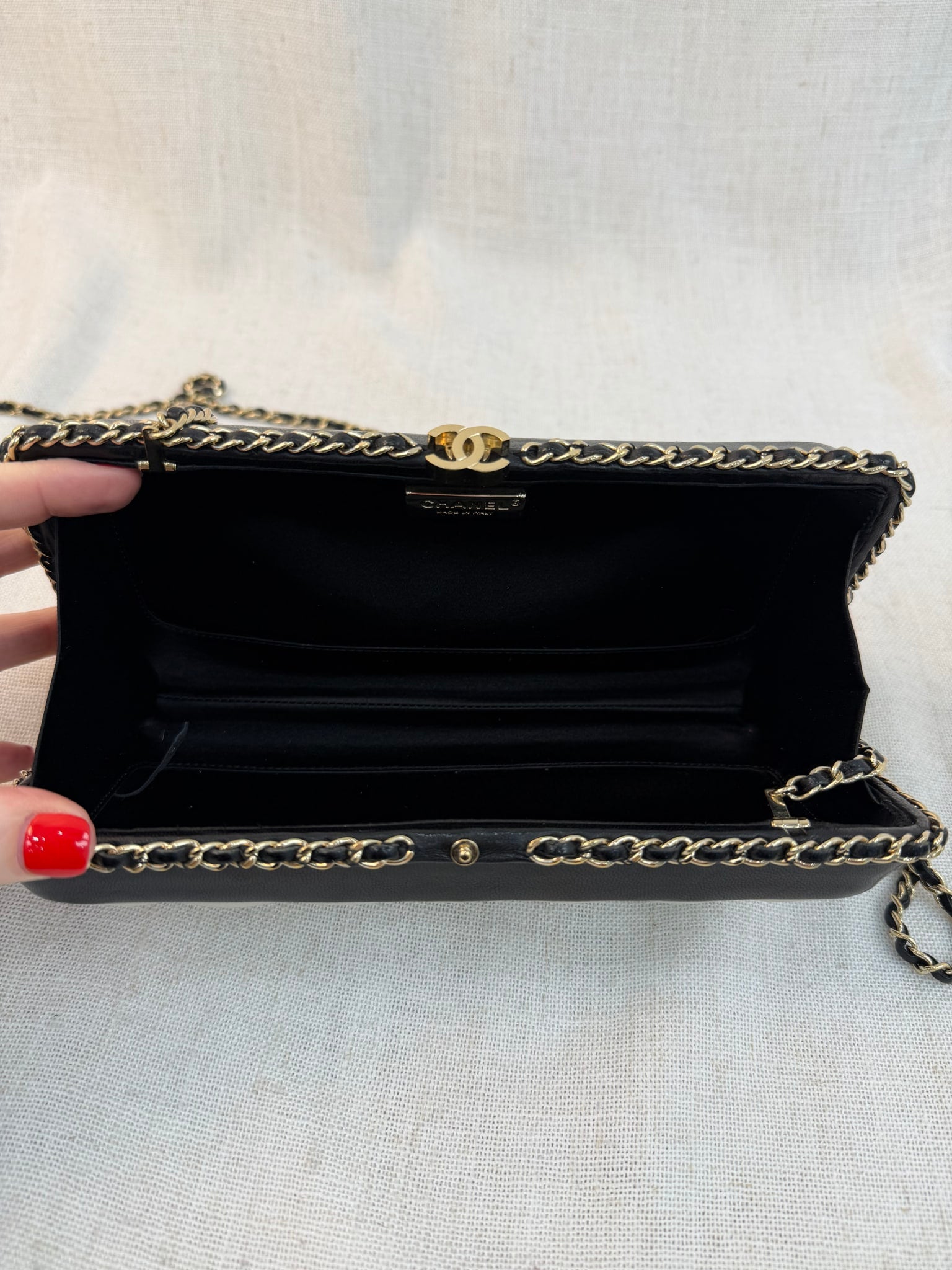 Chanel Black And White Calfskin Chain Around Clutch Bag