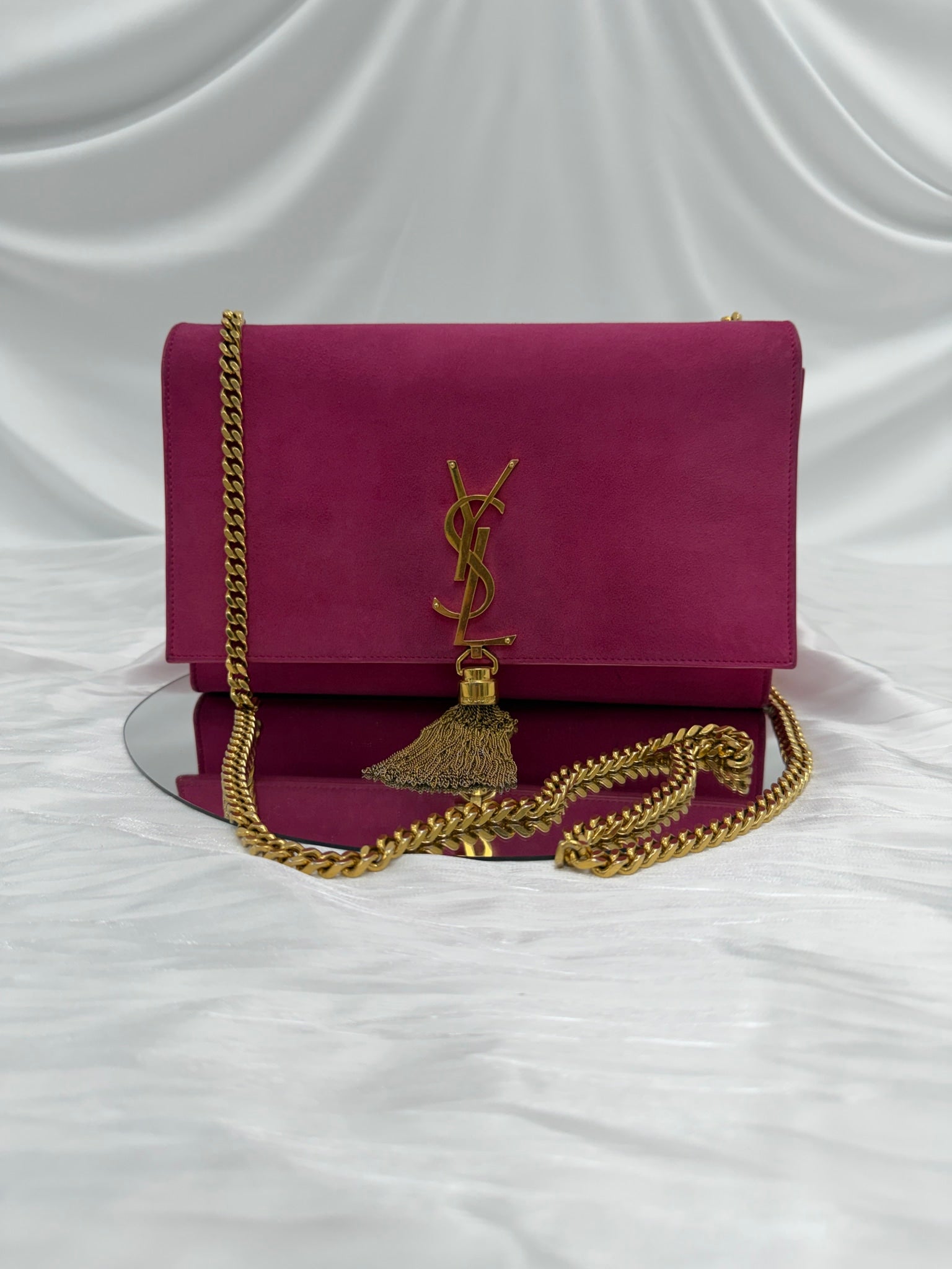 Saint Laurent YSL Fuchsia Suede Medium Kate Tassel Shoulder Bag