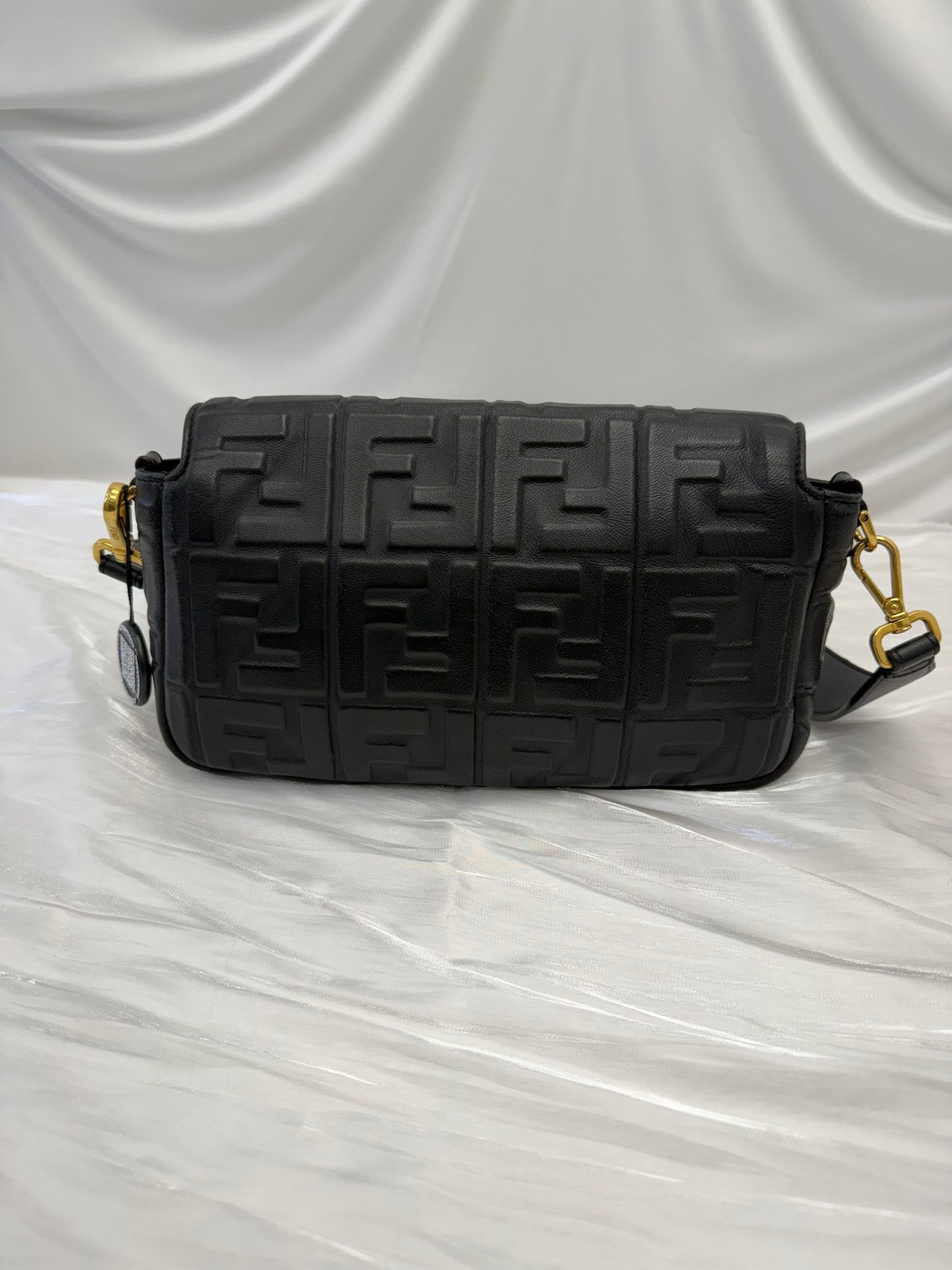 Fendi Black Embossed Nappa Leather FF Baguette Shoulder Bag