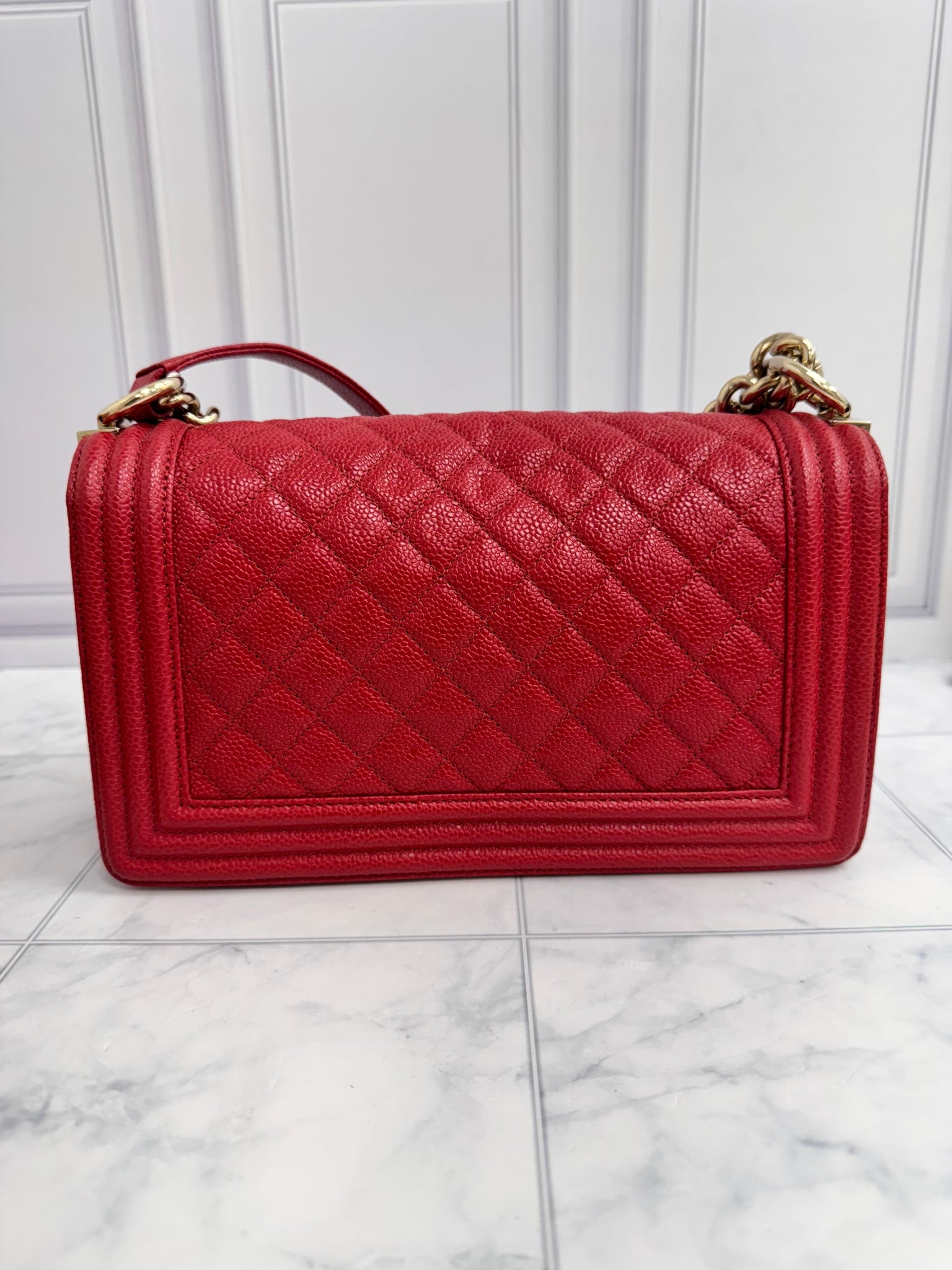 Chanel Red Caviar Leather Medium Boy Bag