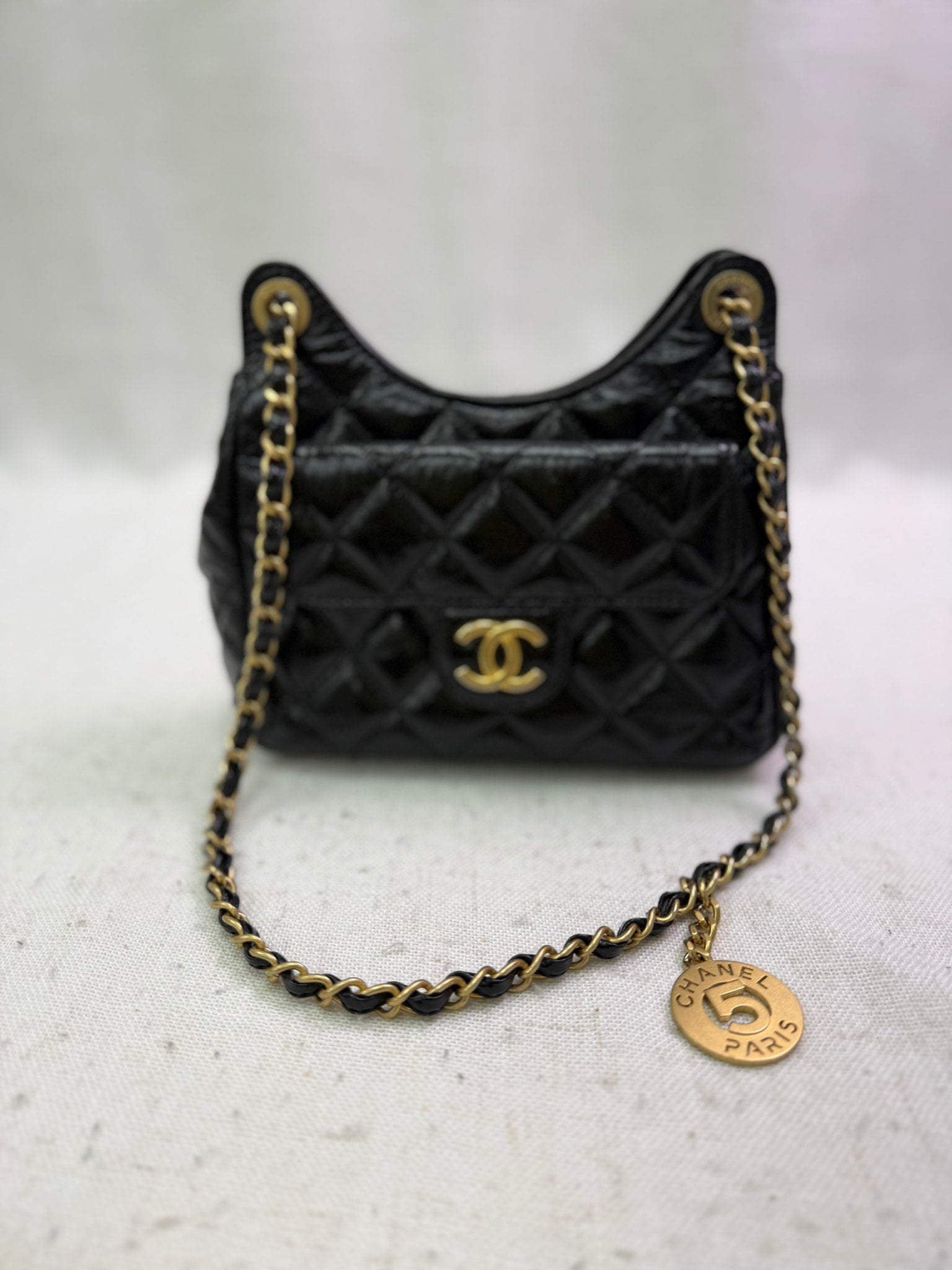 Chanel Black Quilted Shiny Crumpled Calfskin Small Wavy Hobo Bag