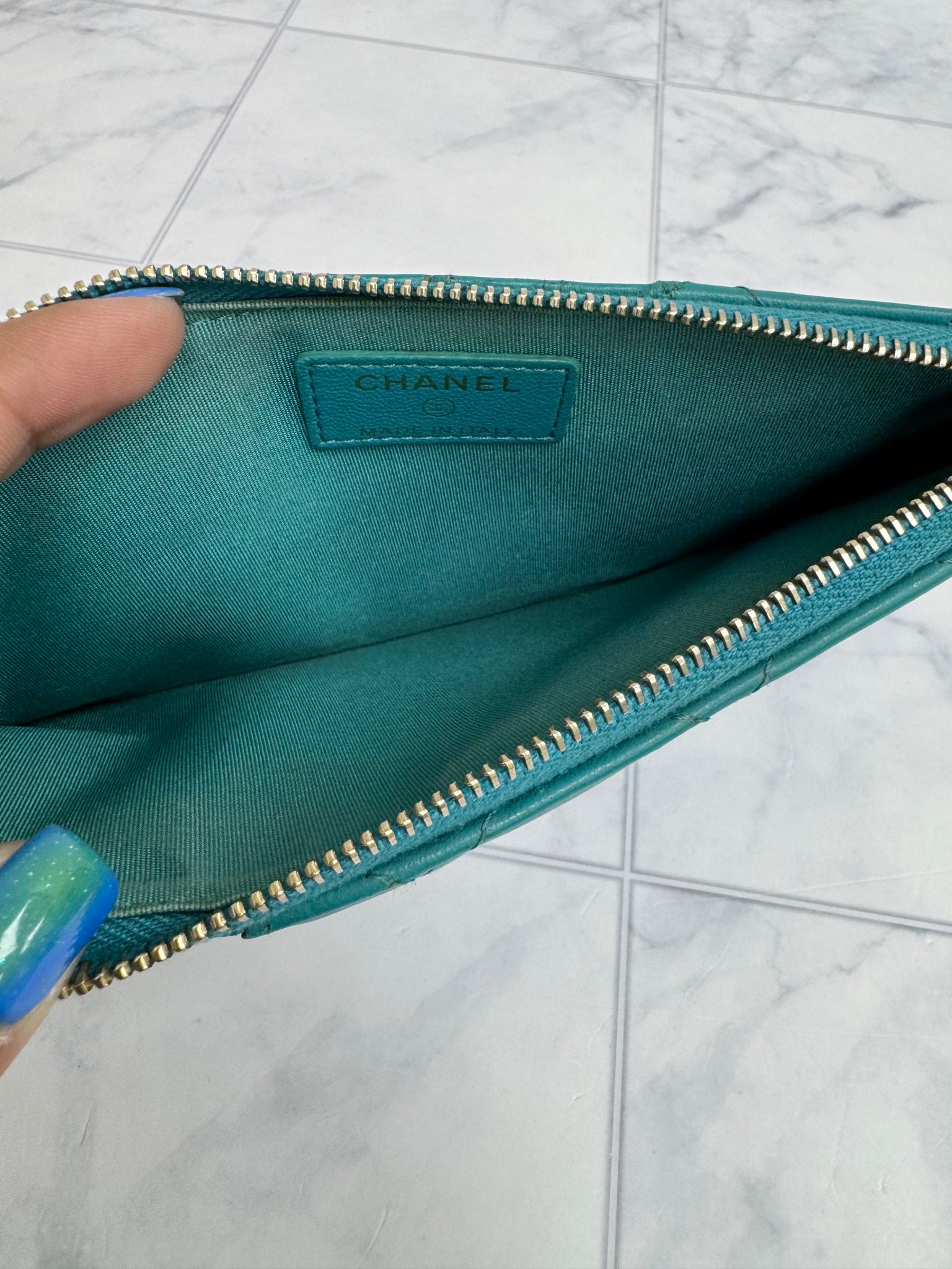 Chanel Teal Quilted Leather Phone Holder