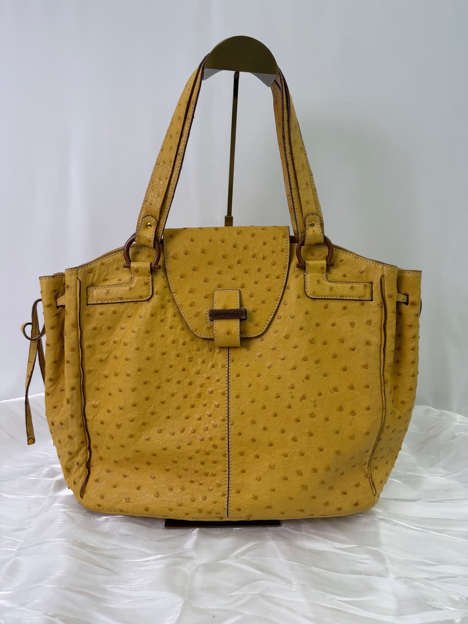 Ferragamo Yellow Ostrich Gancini Shoulder Bag