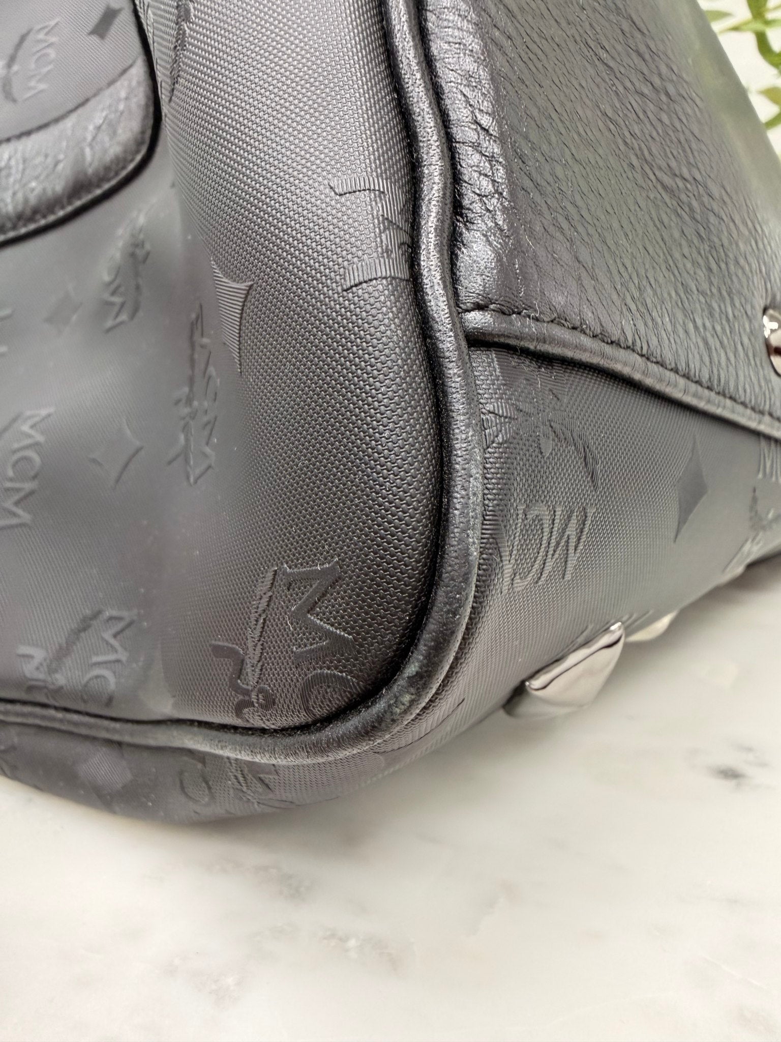 MCM Black Leather Studded Travel Duffle Bag