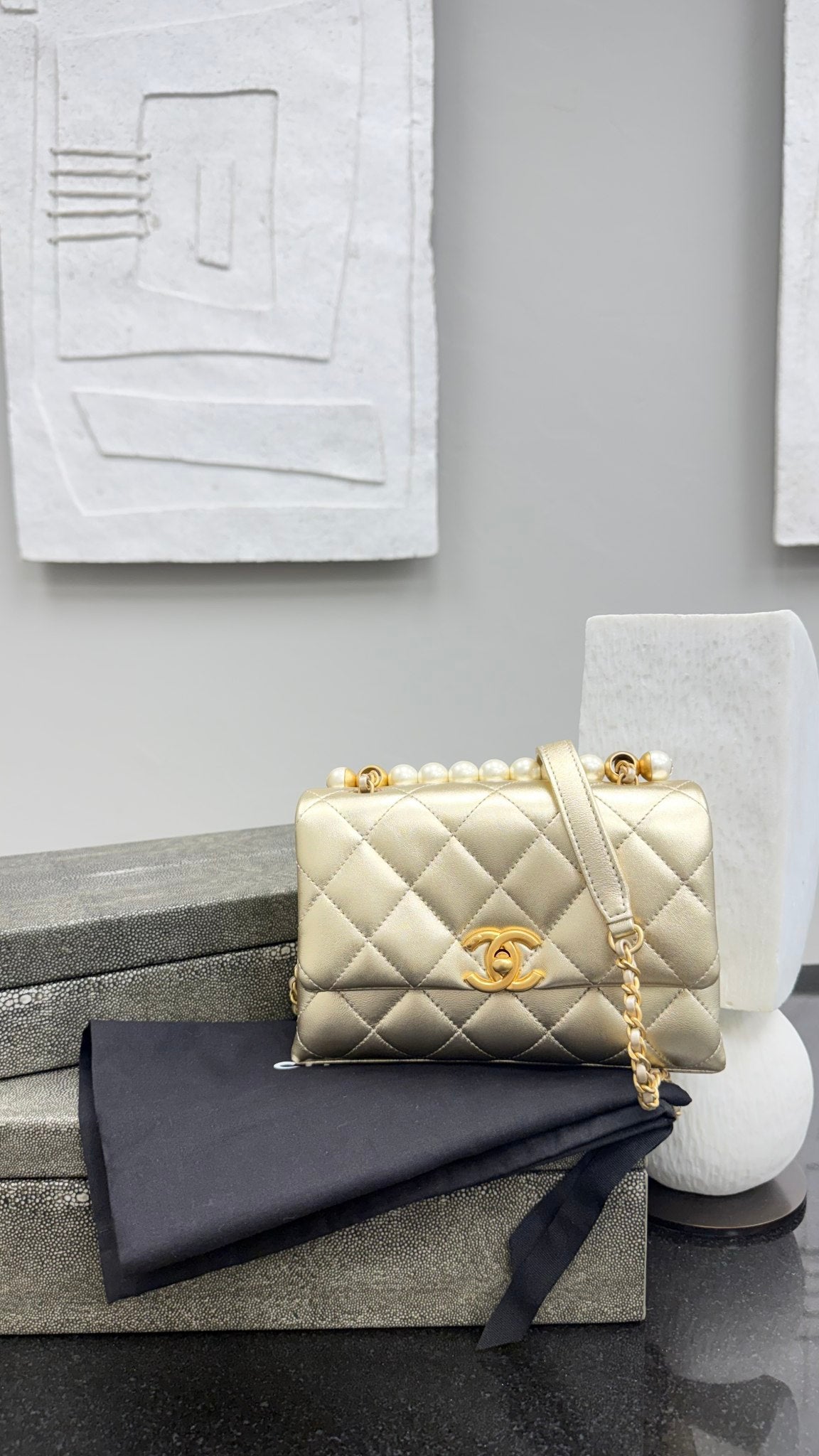 Chanel Gold Quilted Lambskin Leather Pearl Mini Flap Bag