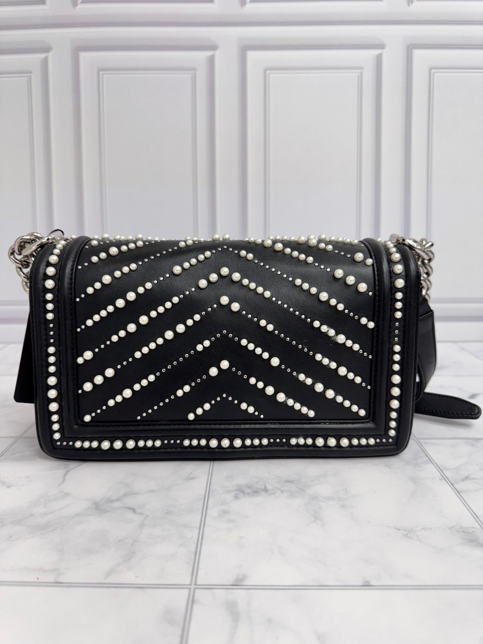 Chanel Black Chevron Pearls Medium Boy Flap Bag