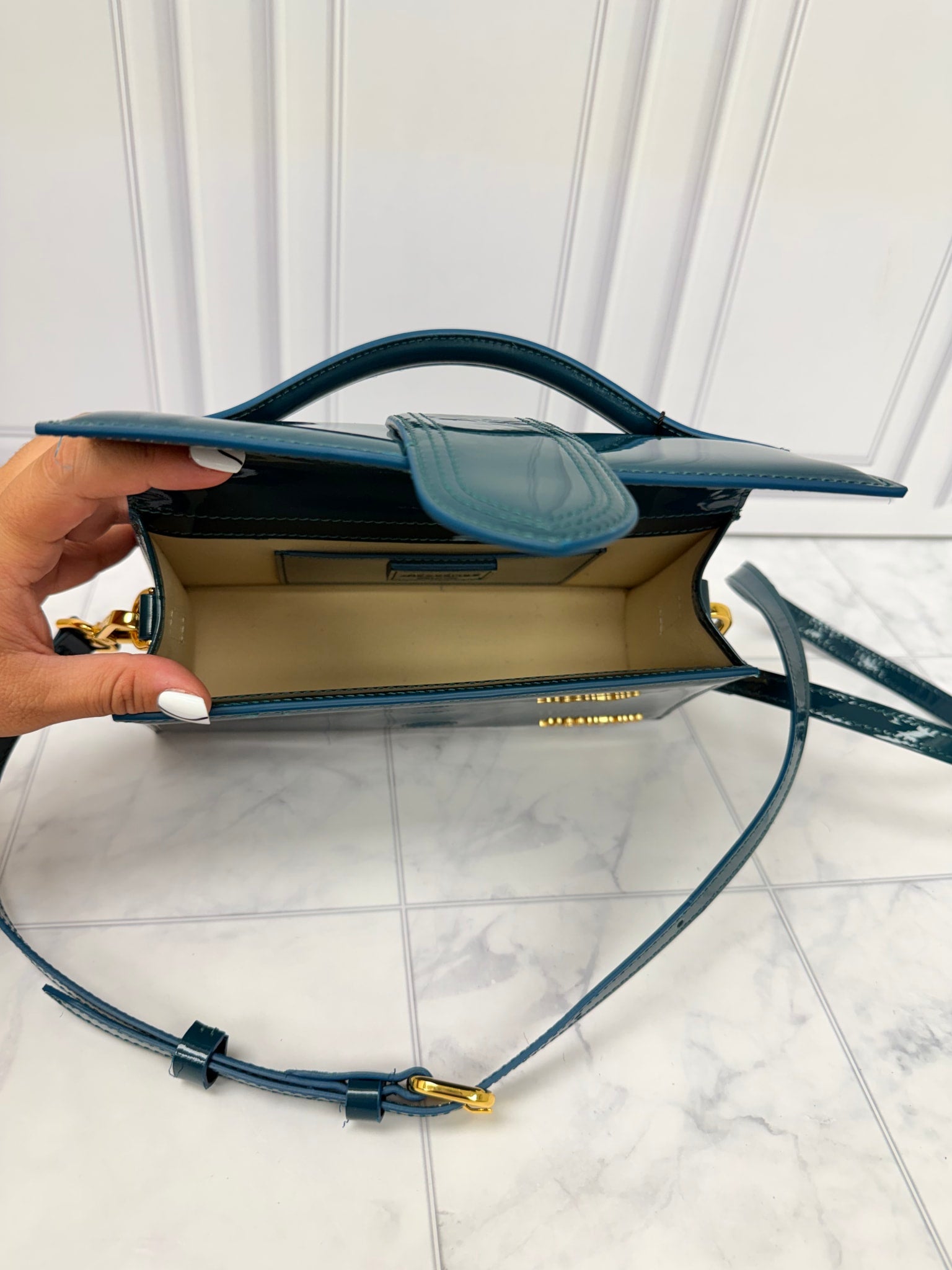 BRAND NEW - Jacquemus Turquoise Patent Leather Le Grand Bambino Handbag 2Way Handbag