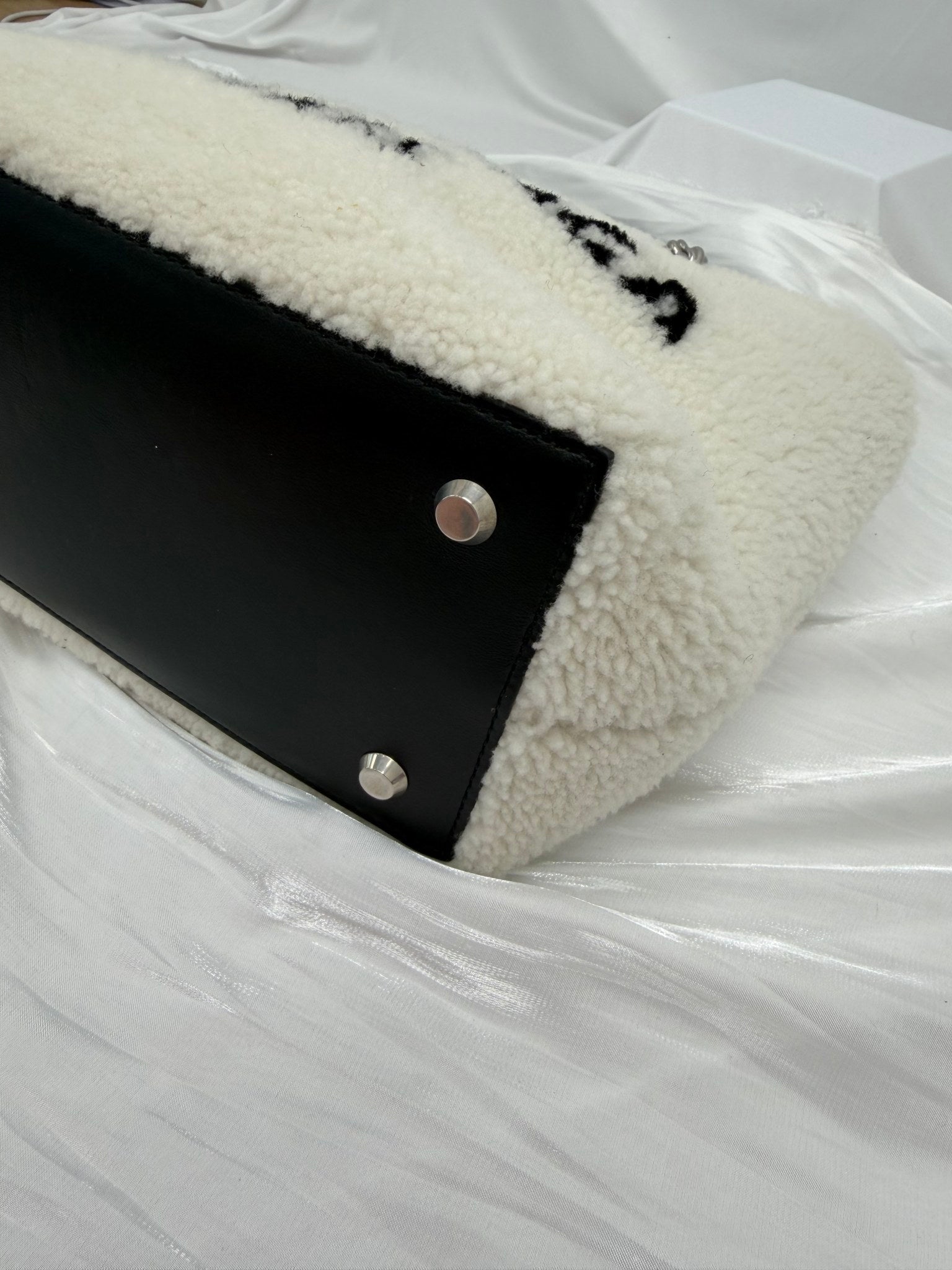 Balenciaga White & Black Shearling Shoulder Tote