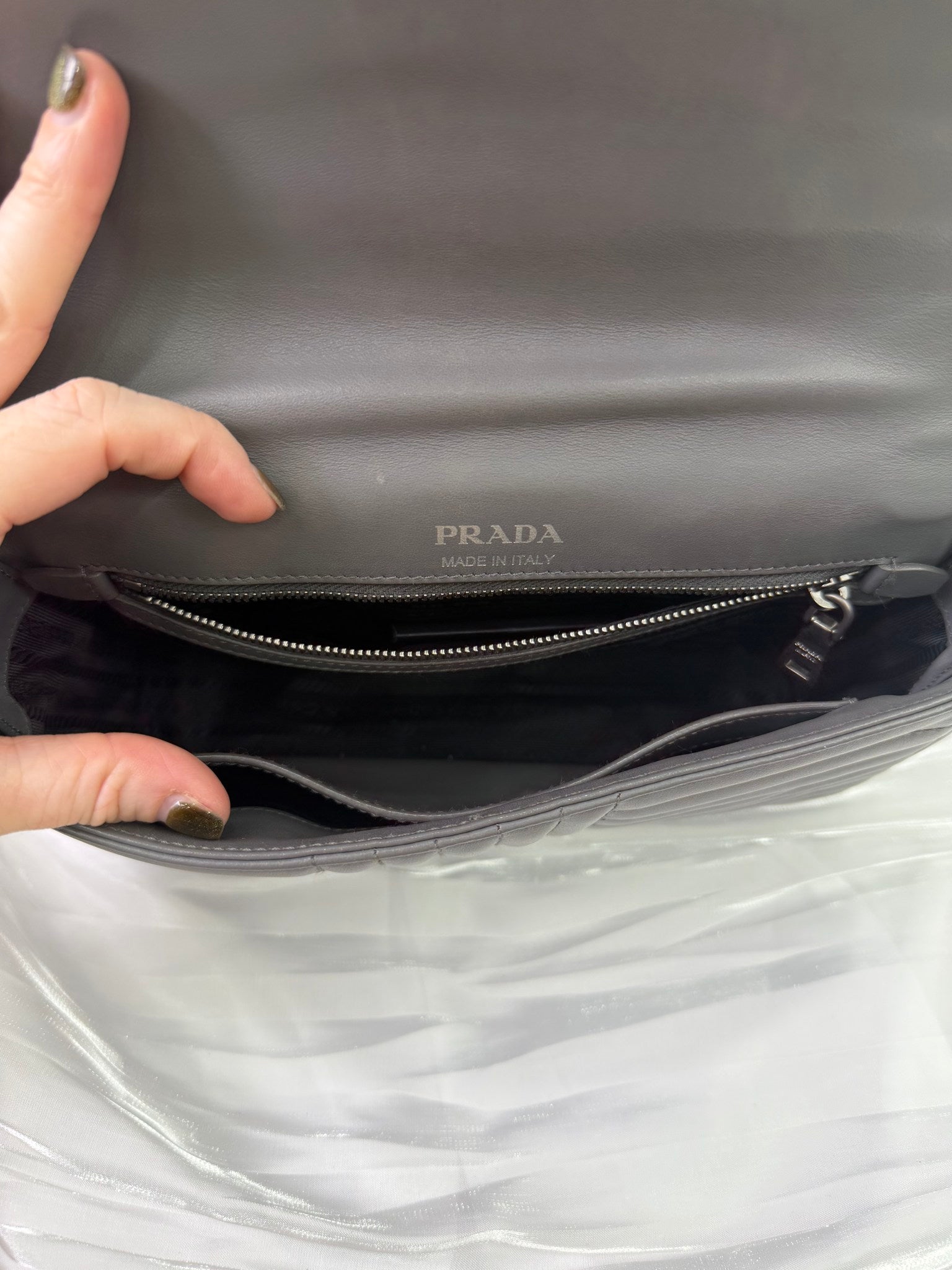 Prada Gray Leather Diagramme Shoulder Bag