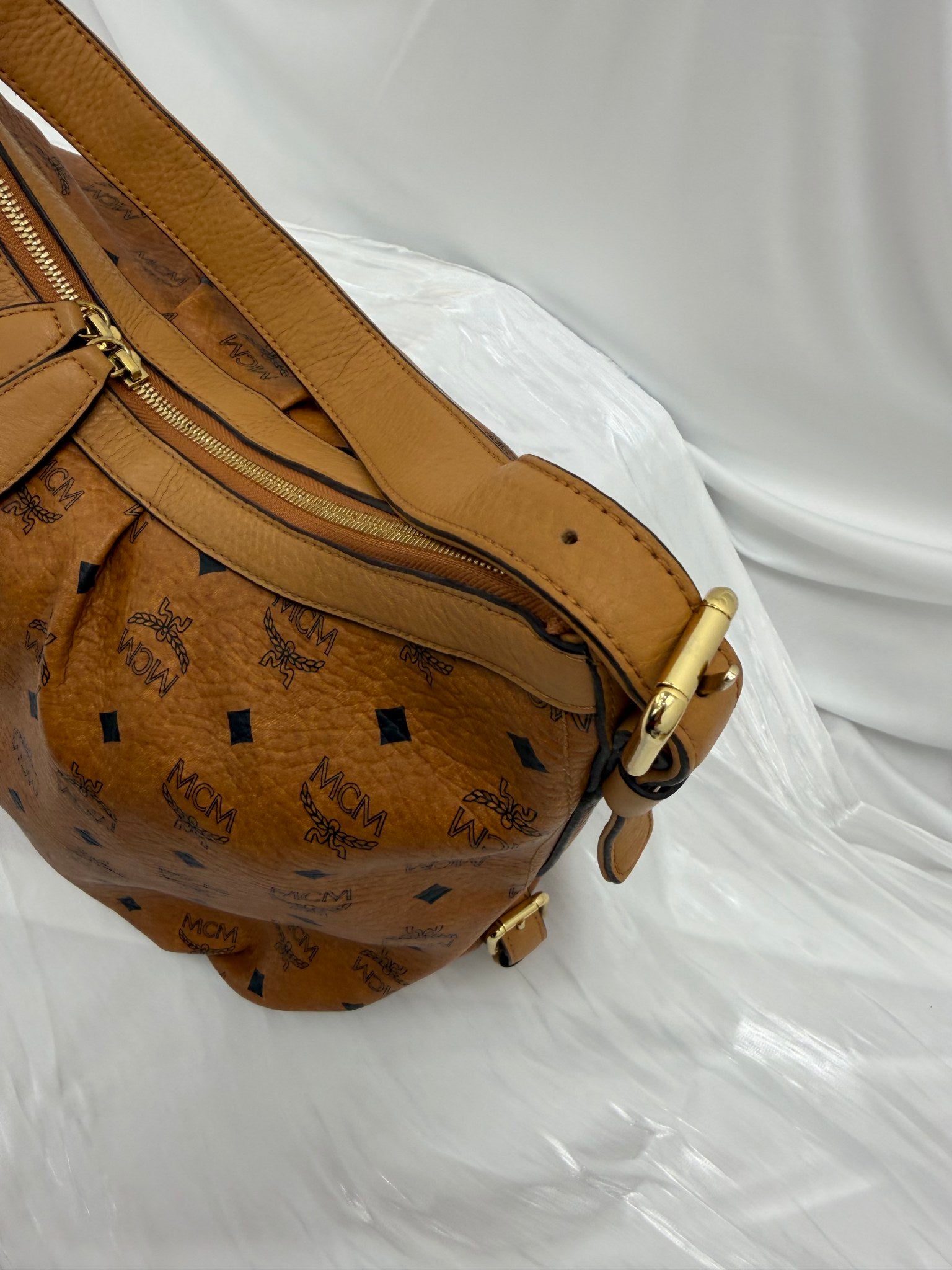 MCM Cognac Coated Canvas Large Hobo Bag