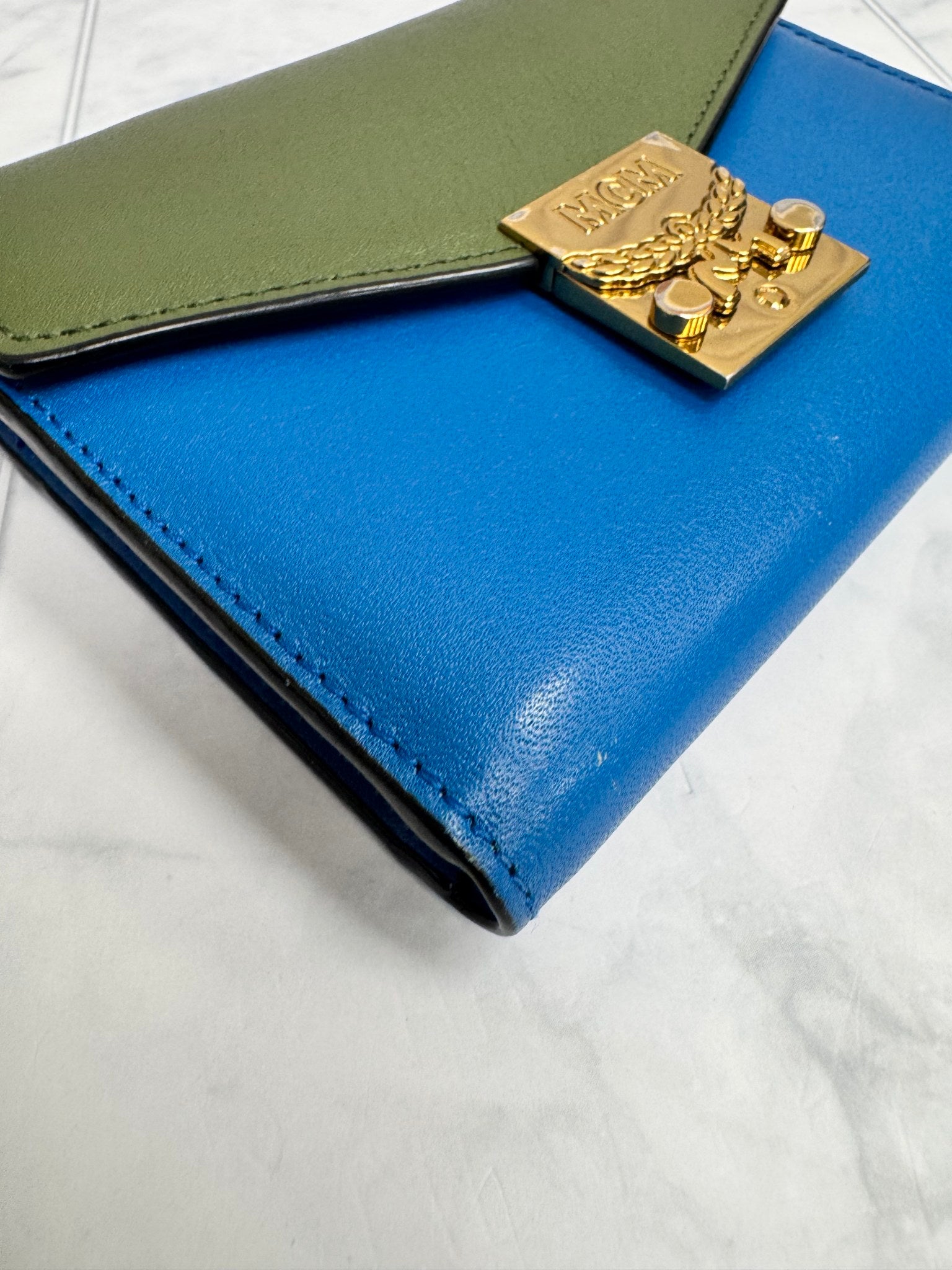 MCM Blue Green Envelope Compact Wallet