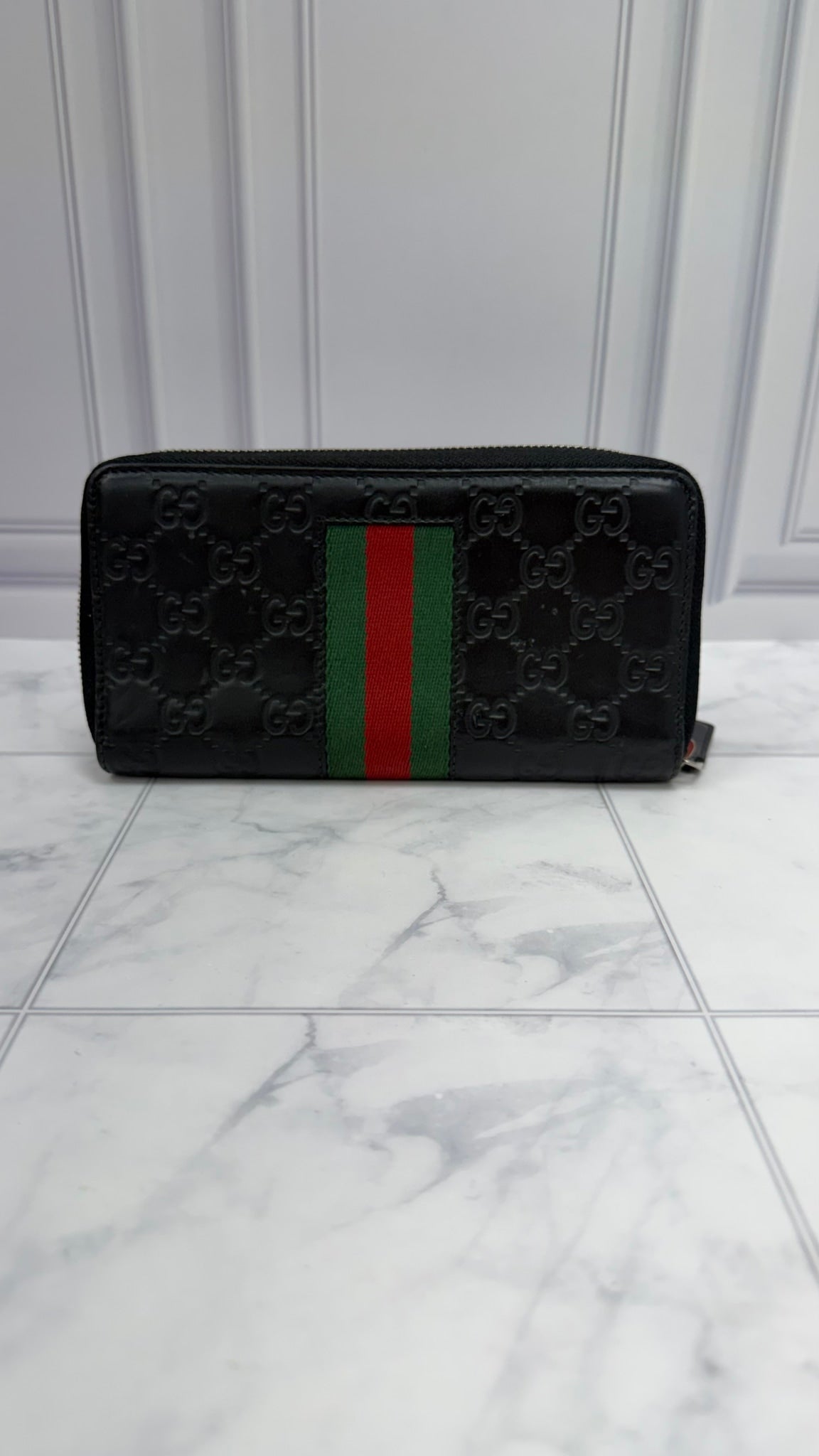 Gucci Black Guccissima Leather Web Zippy Wallet
