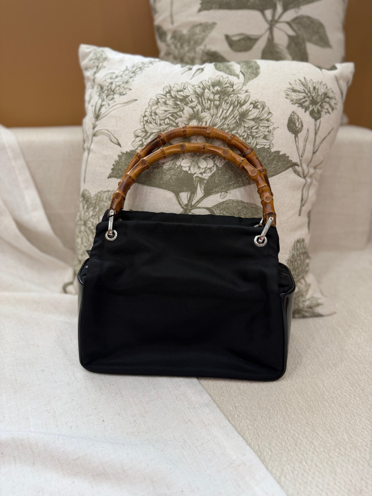 Gucci Black Nylon Bamboo Handbag