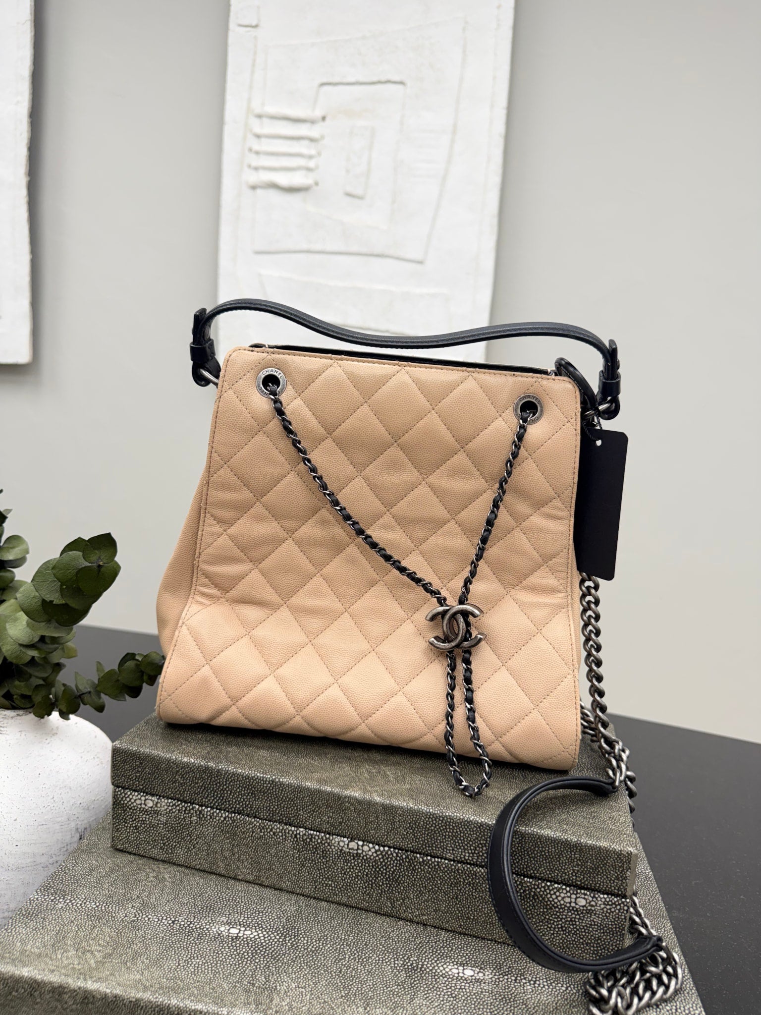 Chanel Beige Caviar Leather Bucket Bag
