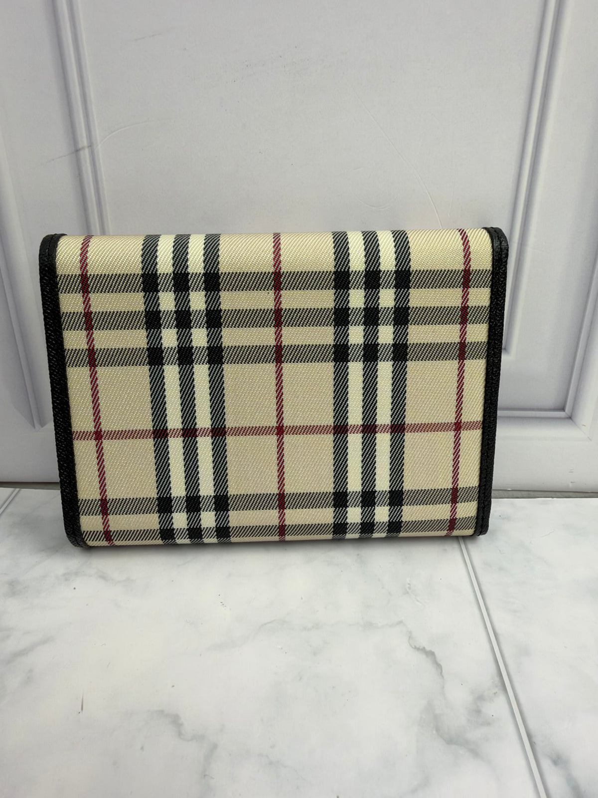 LIKE NEW - Burberry Beige Nova Check Coated Canvas & Black Leather Trifold Wallet