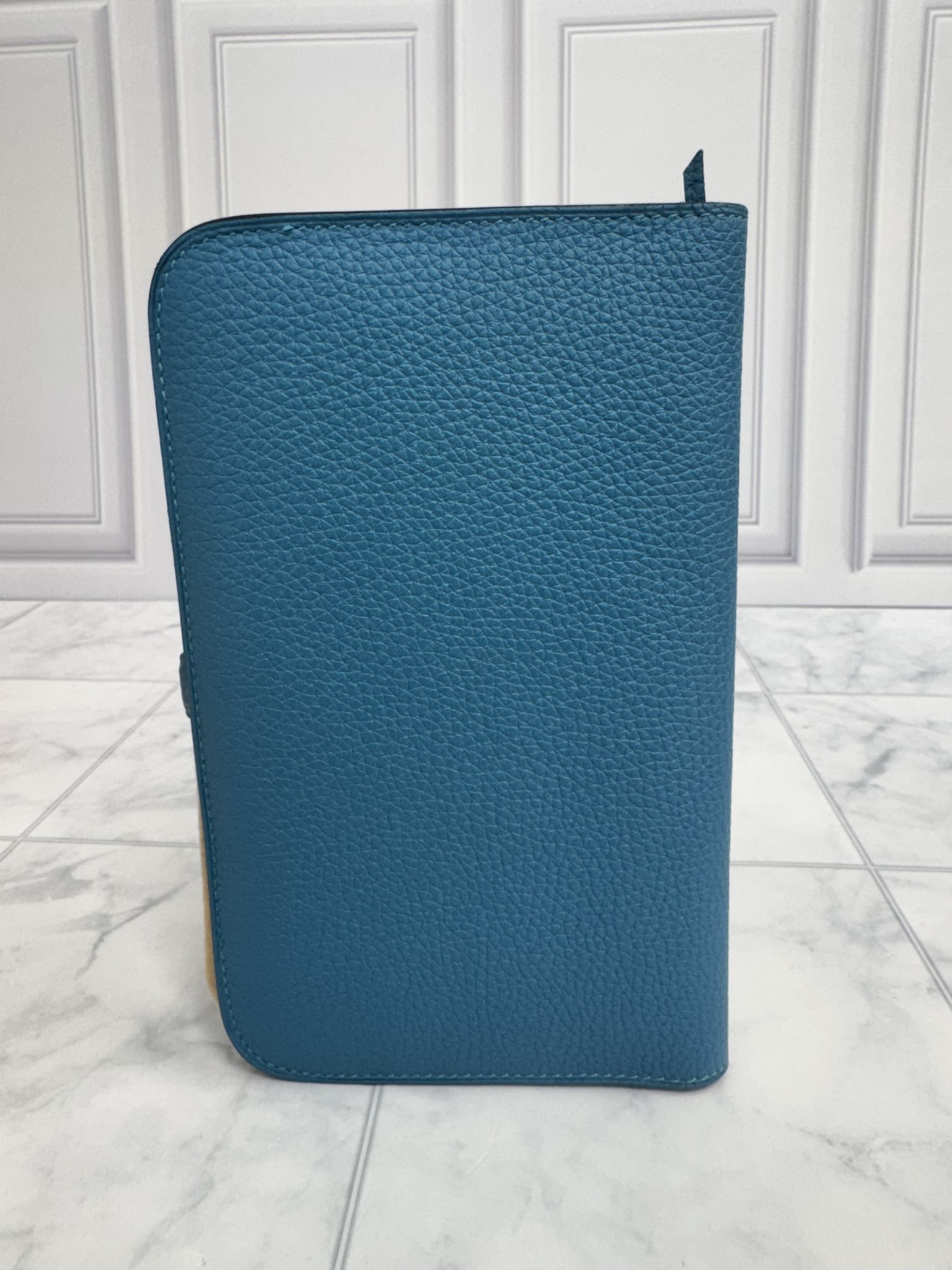 LIKE NEW - Hermes Blue Grained Leather Dogon Duo Long Wallet GM