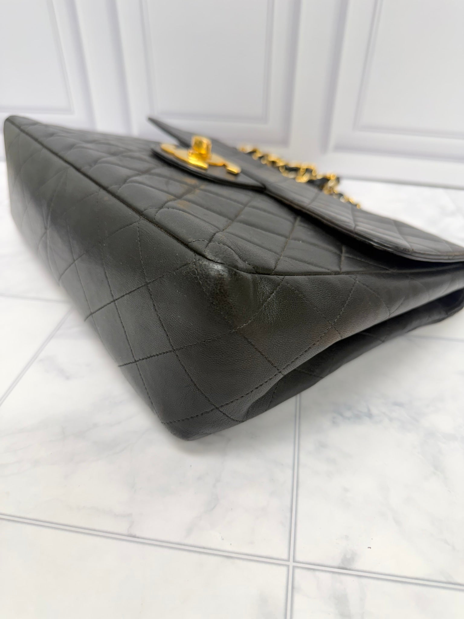 Chanel Vintage Black Leather Jumbo Classic Flap Bag