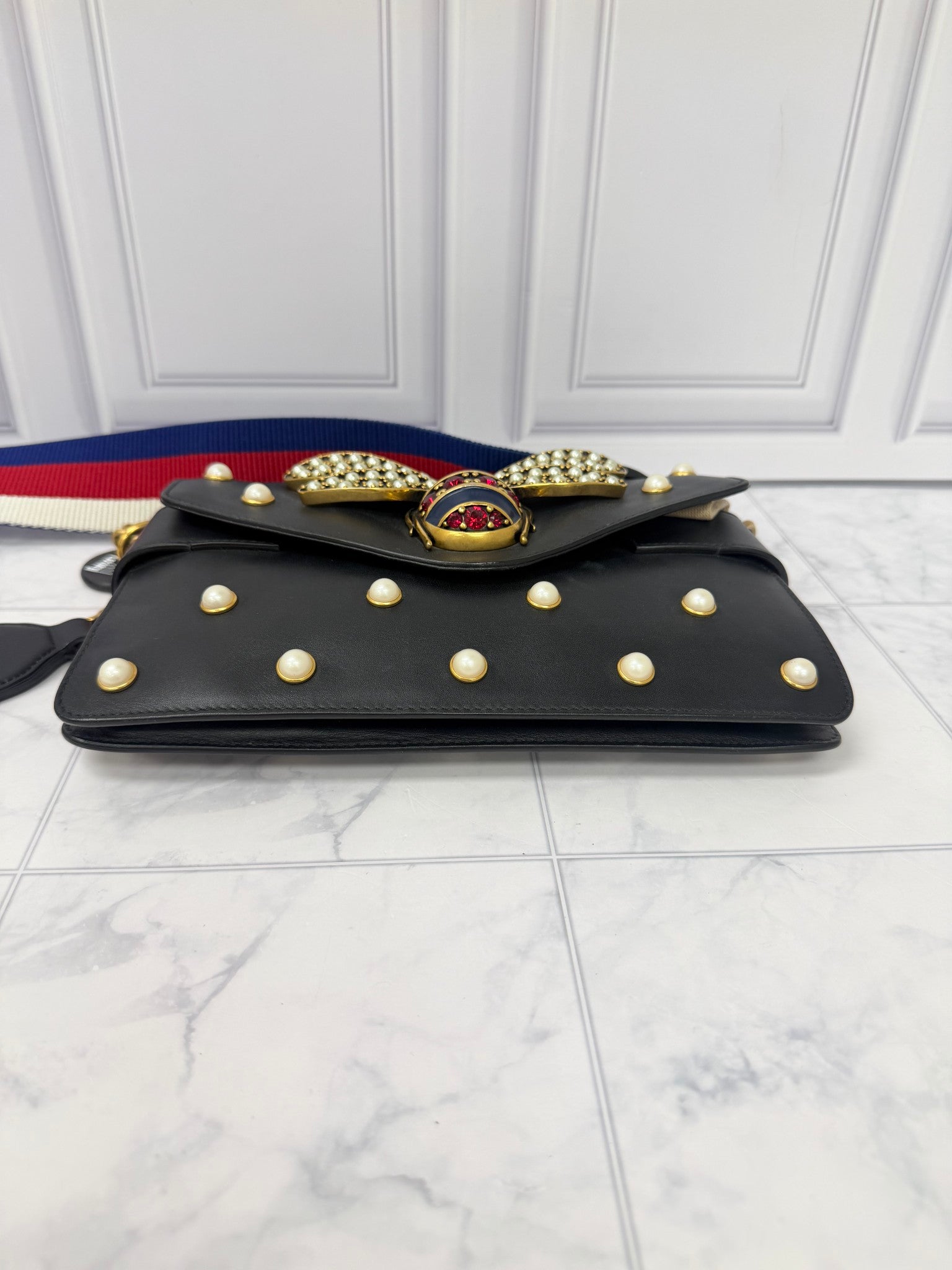 Gucci Black Calfskin Leather Pearl Studded Queen Margaret Bee Mini Shoulder Bag