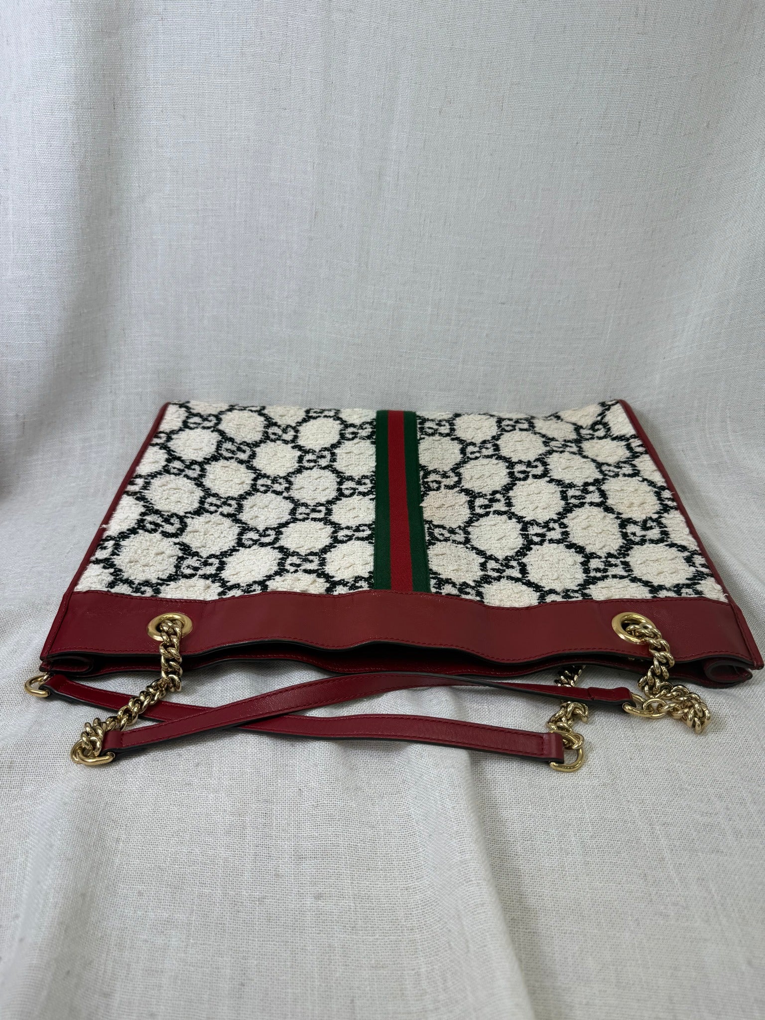 Gucci White Tweed And Red Leather Trim GG Rajah Tote