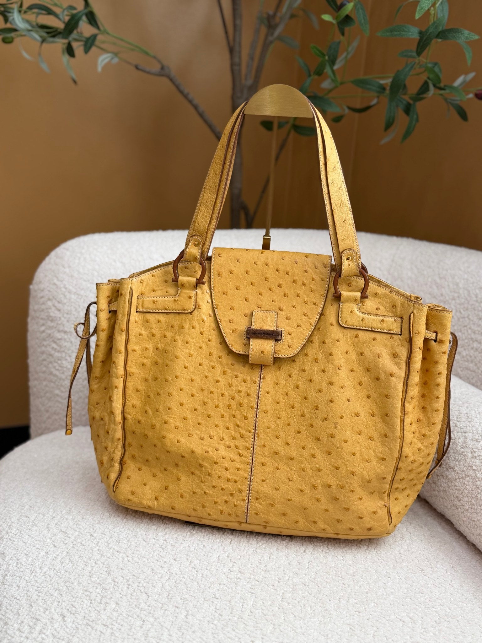 Ferragamo Yellow Ostrich Gancini Shoulder Bag