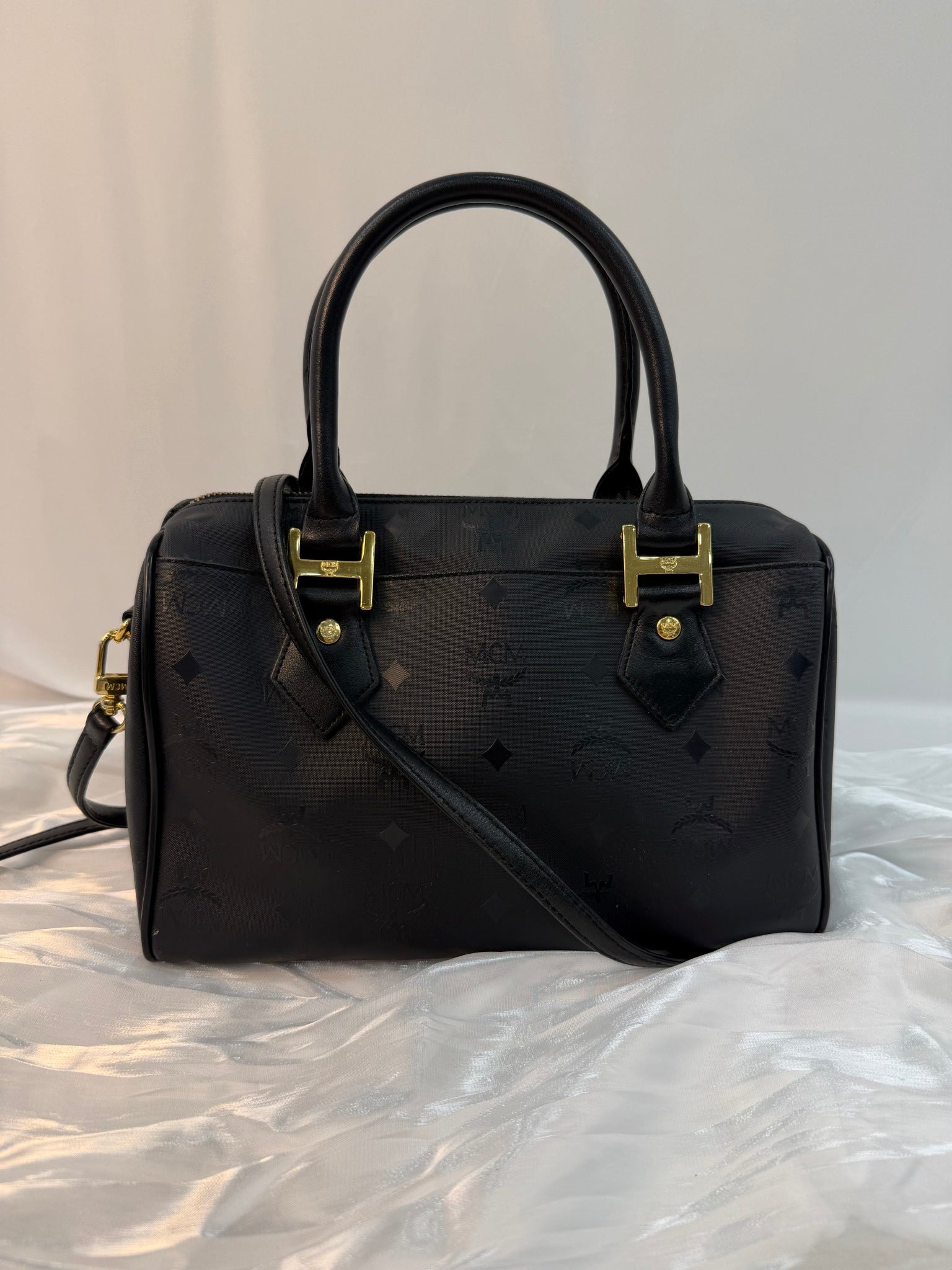 MCM Black Coated Canvas Boston Bag